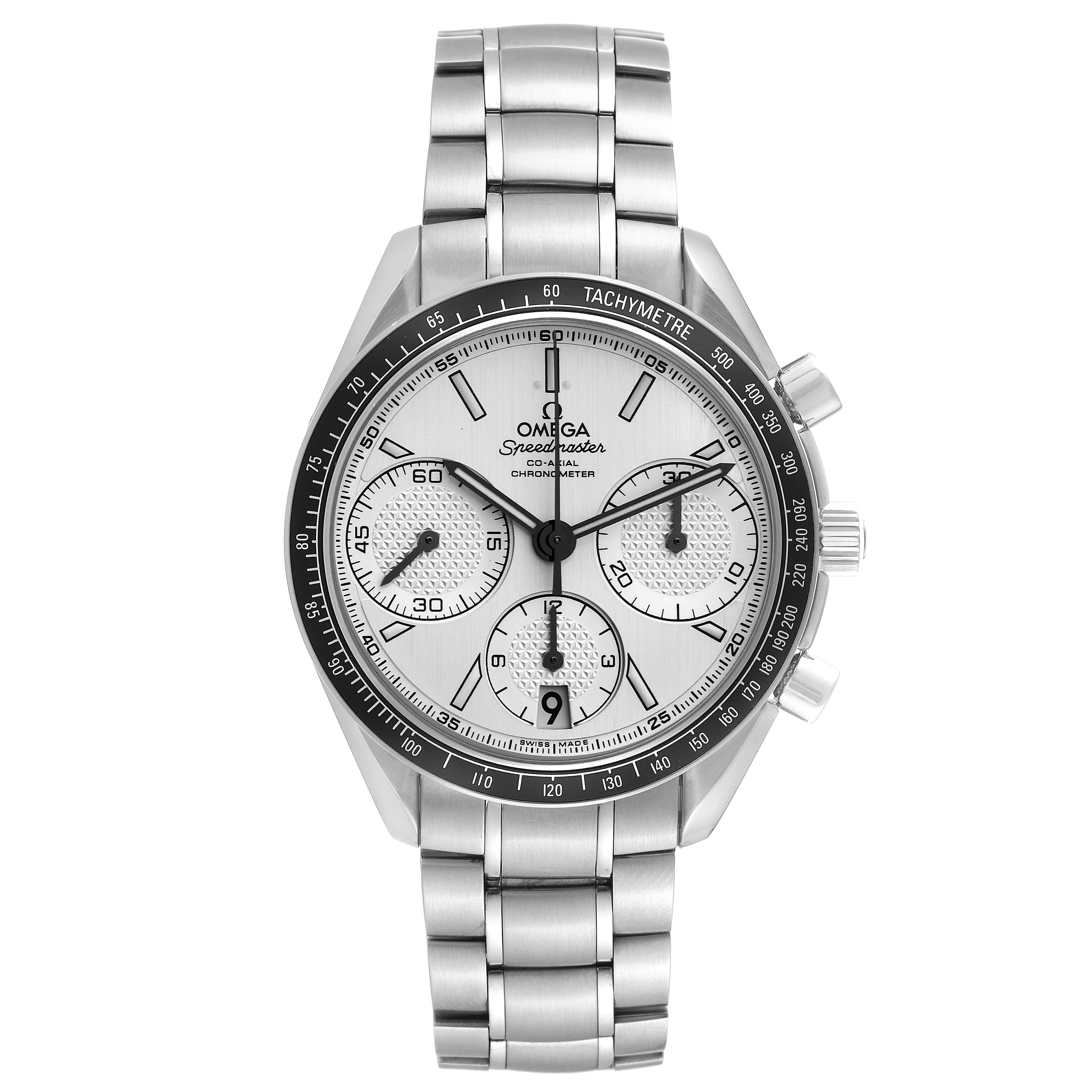 The image shows a front view of an Omega Speedmaster 326.30.40.50.02.001 Men
s Stainless Steel Silver Dial 326.30.40.50.02.001 Men
s Stainless Steel Silver Dial watch, highlighting the dial, bezel, and bracelet.