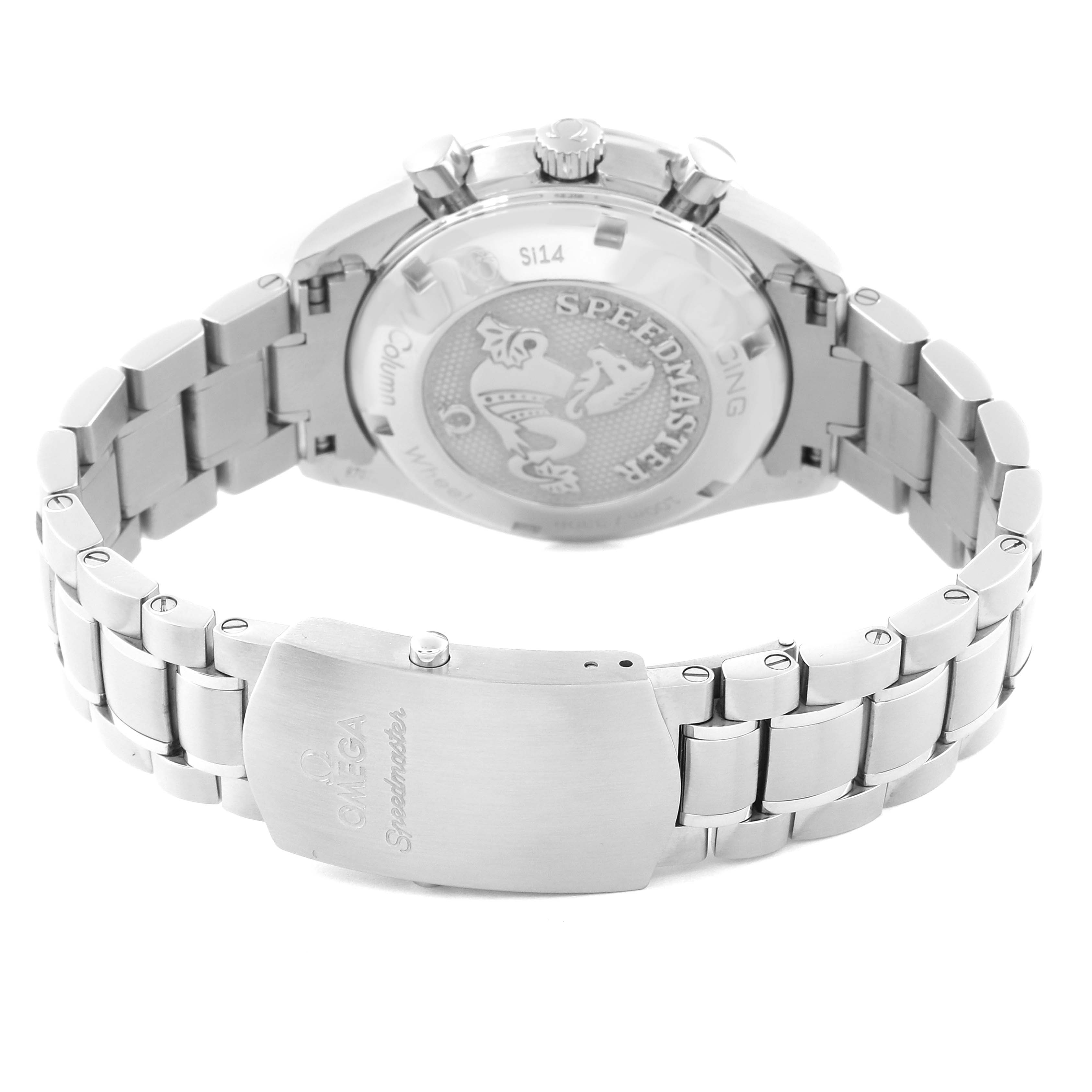 The image shows the back, clasp, and part of the bracelet of an Omega Speedmaster 326.30.40.50.02.001 Men
s Stainless Steel Silver Dial 326.30.40.50.02.001 Men
s Stainless Steel Silver Dial watch.