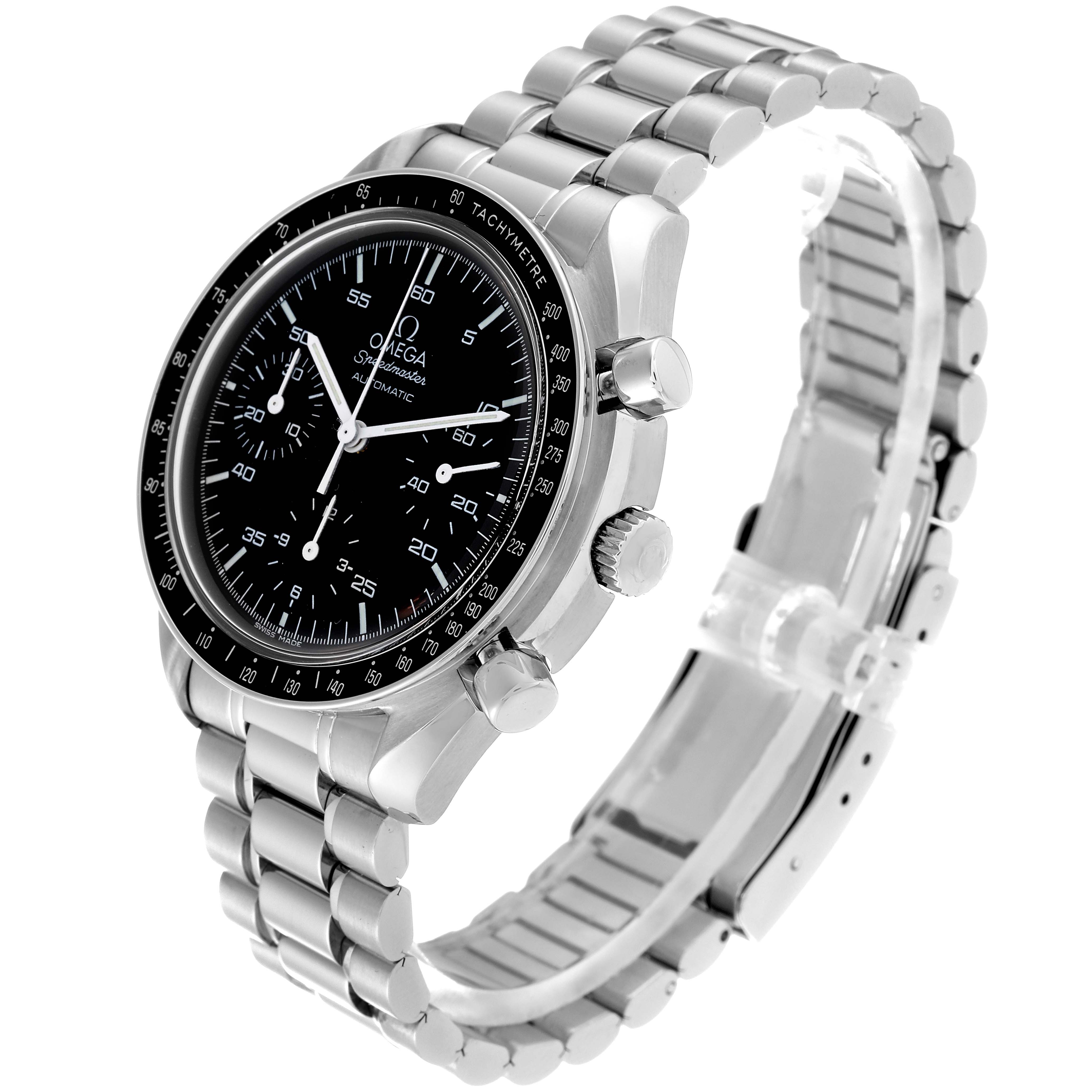 This image shows an Omega Speedmaster 3510.50.00 Men
s Stainless Steel Black Dial 3510.50.00 Men
s Stainless Steel Black Dial watch at a three-quarter angle, highlighting the bracelet, bezel, and dial.