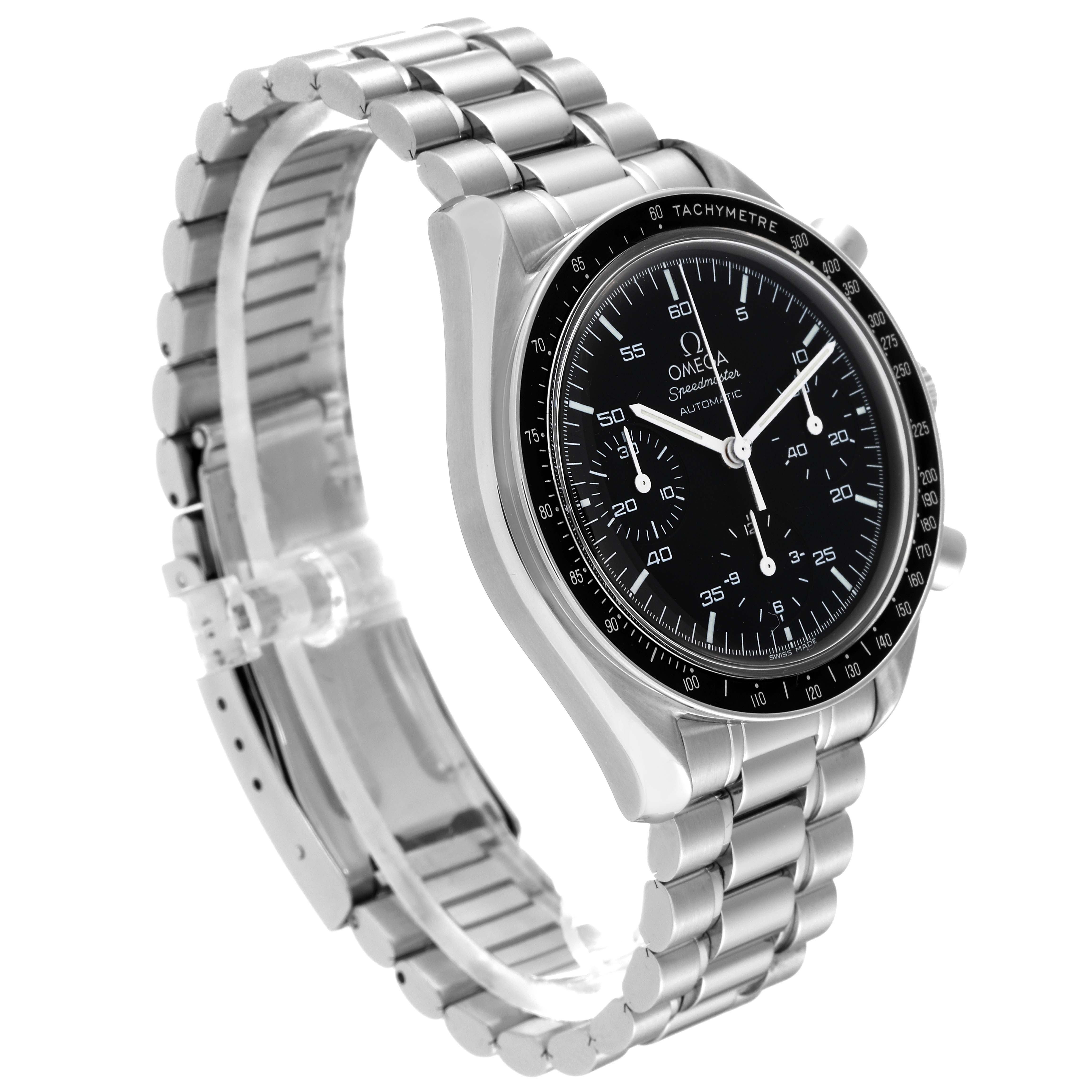 The Omega Speedmaster 3510.50.00 Men
s Stainless Steel Black Dial 3510.50.00 Men
s Stainless Steel Black Dial watch is shown at a three-quarter angle, displaying its face, bracelet, and partial side profile.