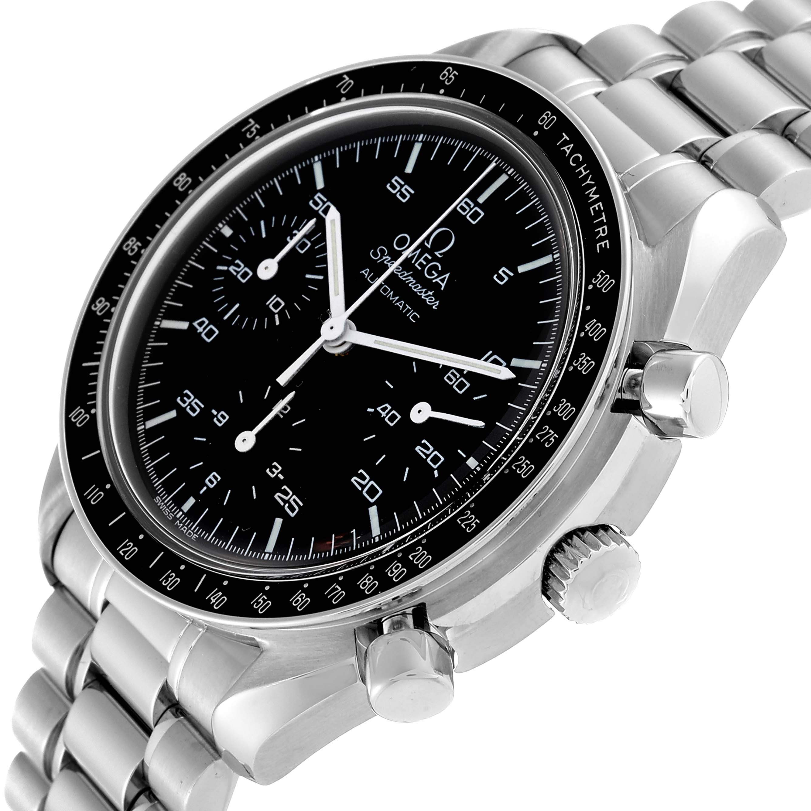 The image shows a close-up, angled view of an Omega Speedmaster 3510.50.00 Men
s Stainless Steel Black Dial 3510.50.00 Men
s Stainless Steel Black Dial watch, highlighting the face, bezel, crown, pushers, and part of the bracelet.