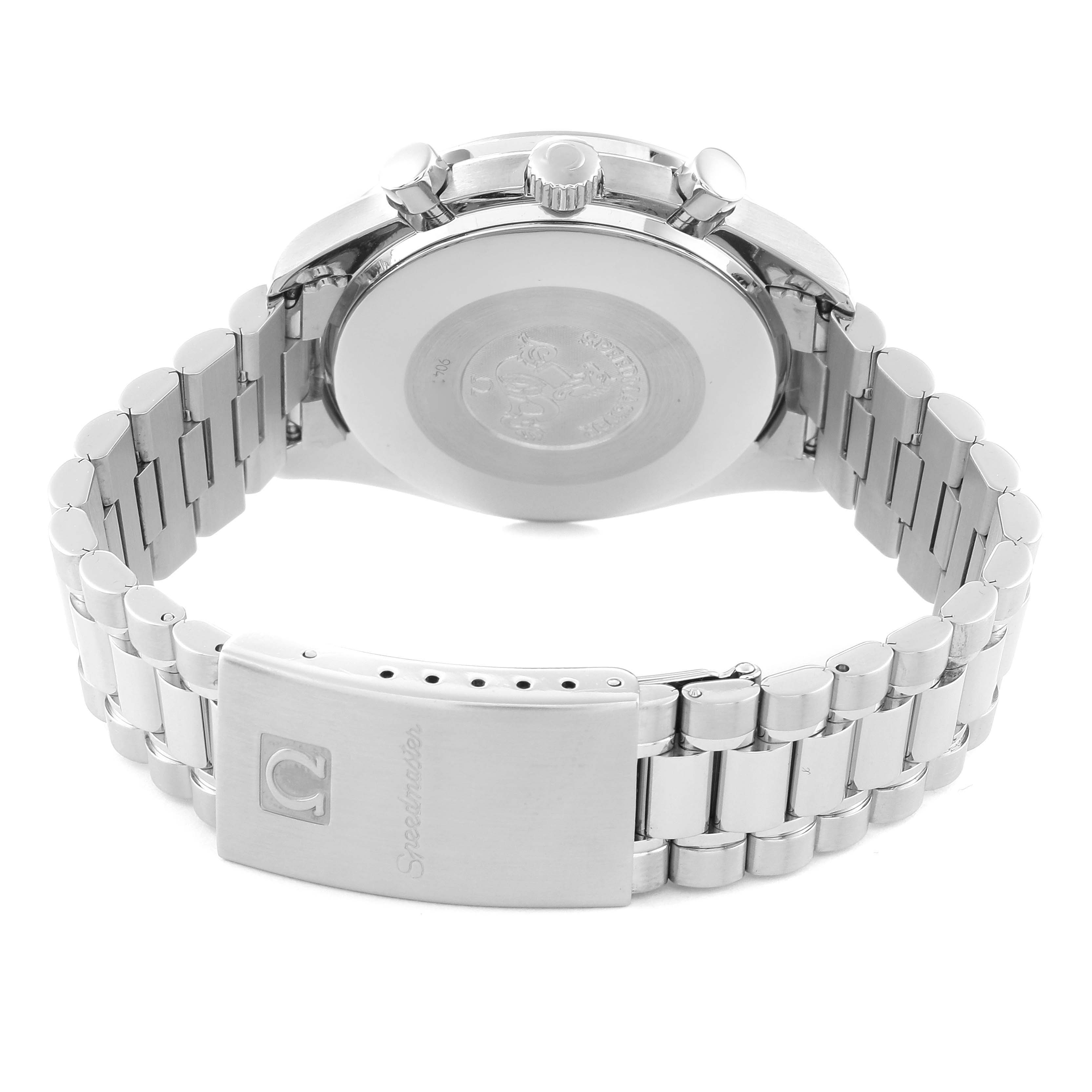 The image shows the back and clasp of an Omega Speedmaster 3510.50.00 Men
s Stainless Steel Black Dial 3510.50.00 Men
s Stainless Steel Black Dial watch, featuring its metal bracelet and case back.