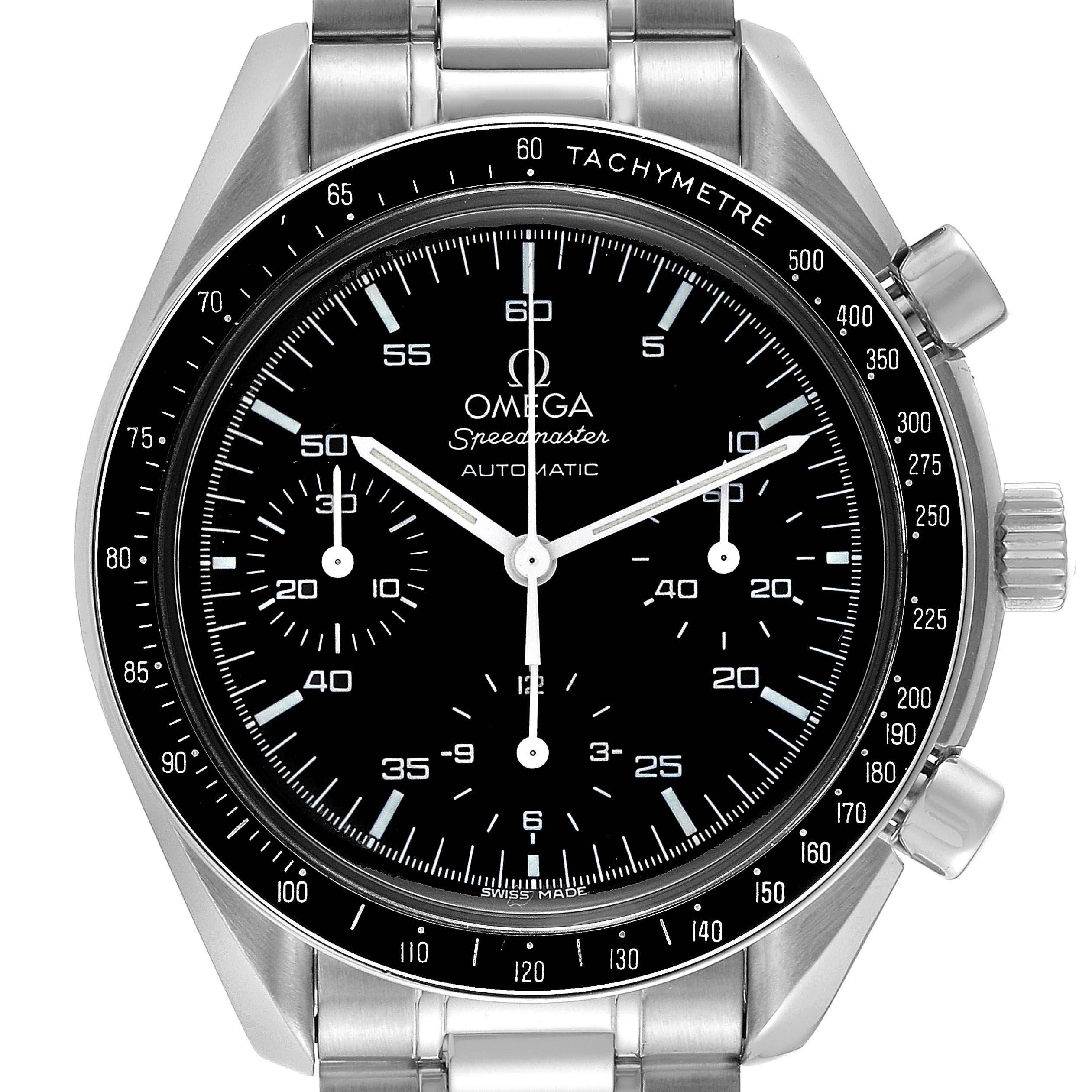 The image shows a front view of an Omega Speedmaster 3510.50.00 Men
s Stainless Steel Black Dial 3510.50.00 Men
s Stainless Steel Black Dial watch with its dial, bezel, and part of the stainless steel bracelet visible.