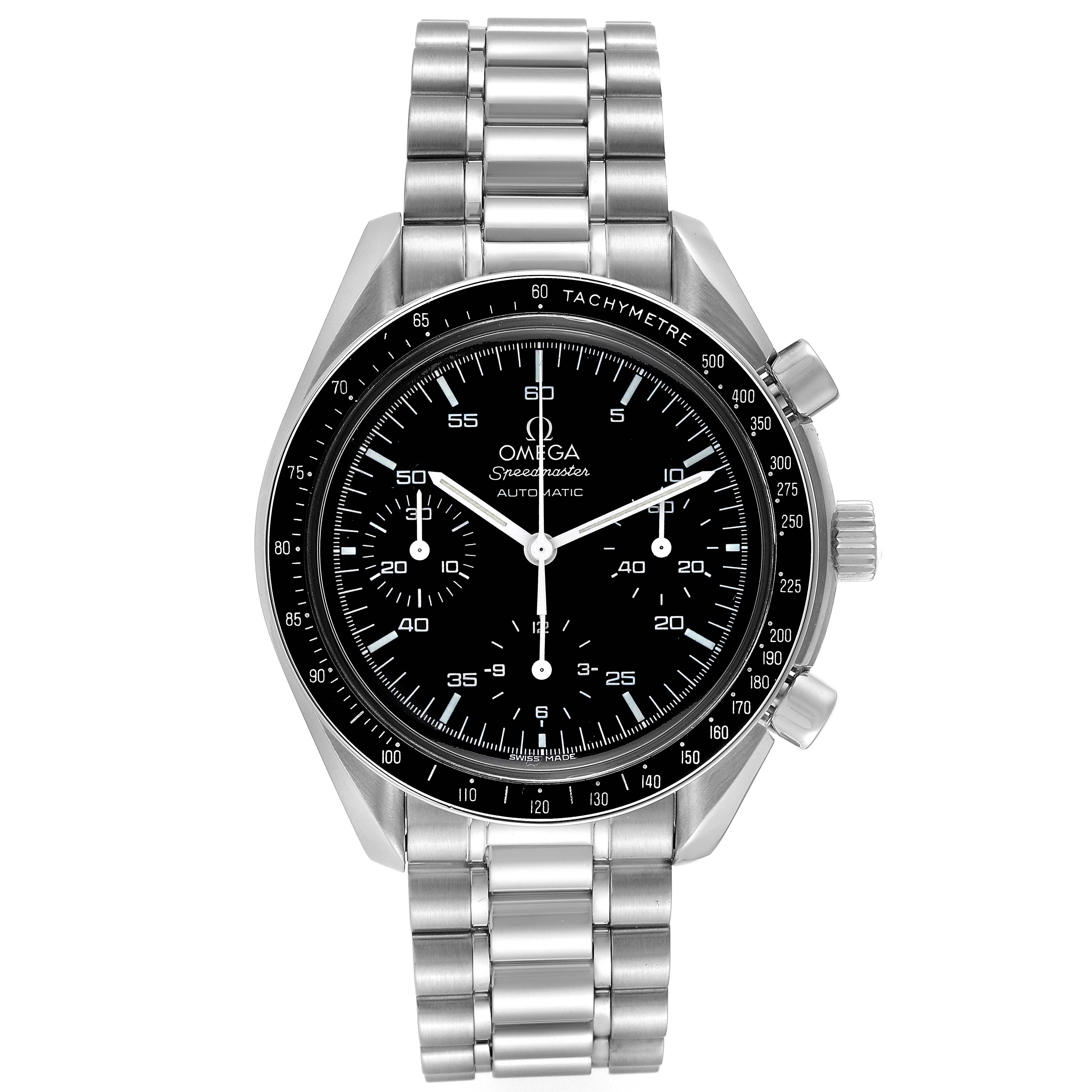The image shows a frontal view of an Omega Speedmaster 3510.50.00 Men
s Stainless Steel Black Dial 3510.50.00 Men
s Stainless Steel Black Dial watch, displaying its dial, bezel, chronograph buttons, and bracelet.