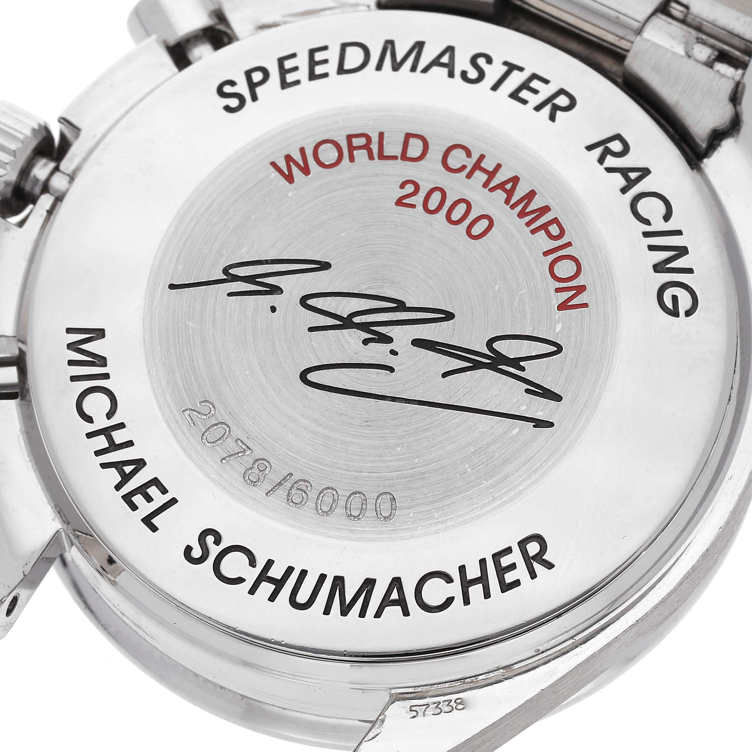 This image shows the case back of the Omega Speedmaster 3518.50.00 Men
s Stainless Steel Black Dial 3518.50.00 Men
s Stainless Steel Black Dial Racing Michael Schumacher World Champion 2000 watch.