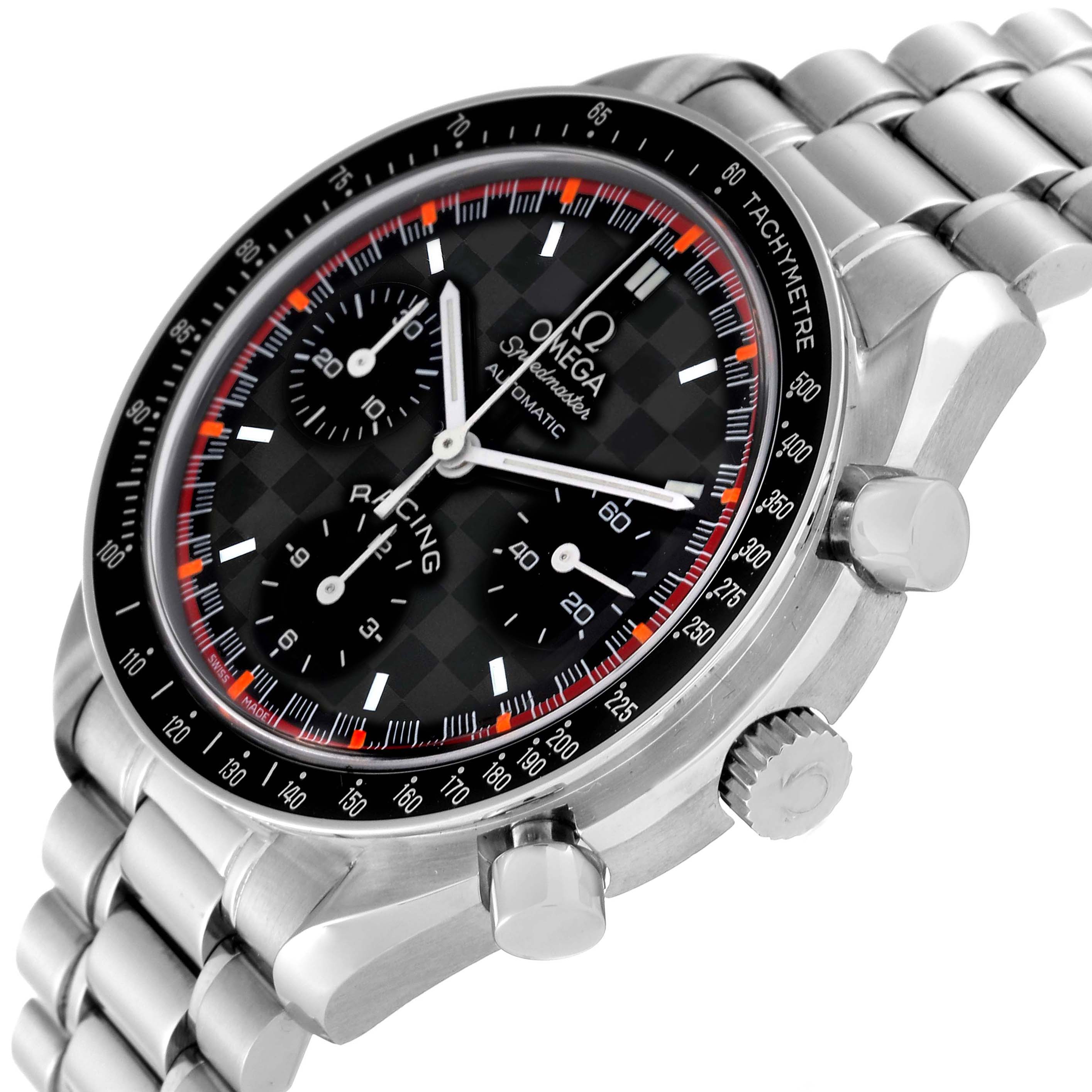This image shows the Omega Speedmaster 3518.50.00 Men
s Stainless Steel Black Dial 3518.50.00 Men
s Stainless Steel Black Dial watch from a side angle with a focus on the dial, bezel, and stainless steel bracelet.