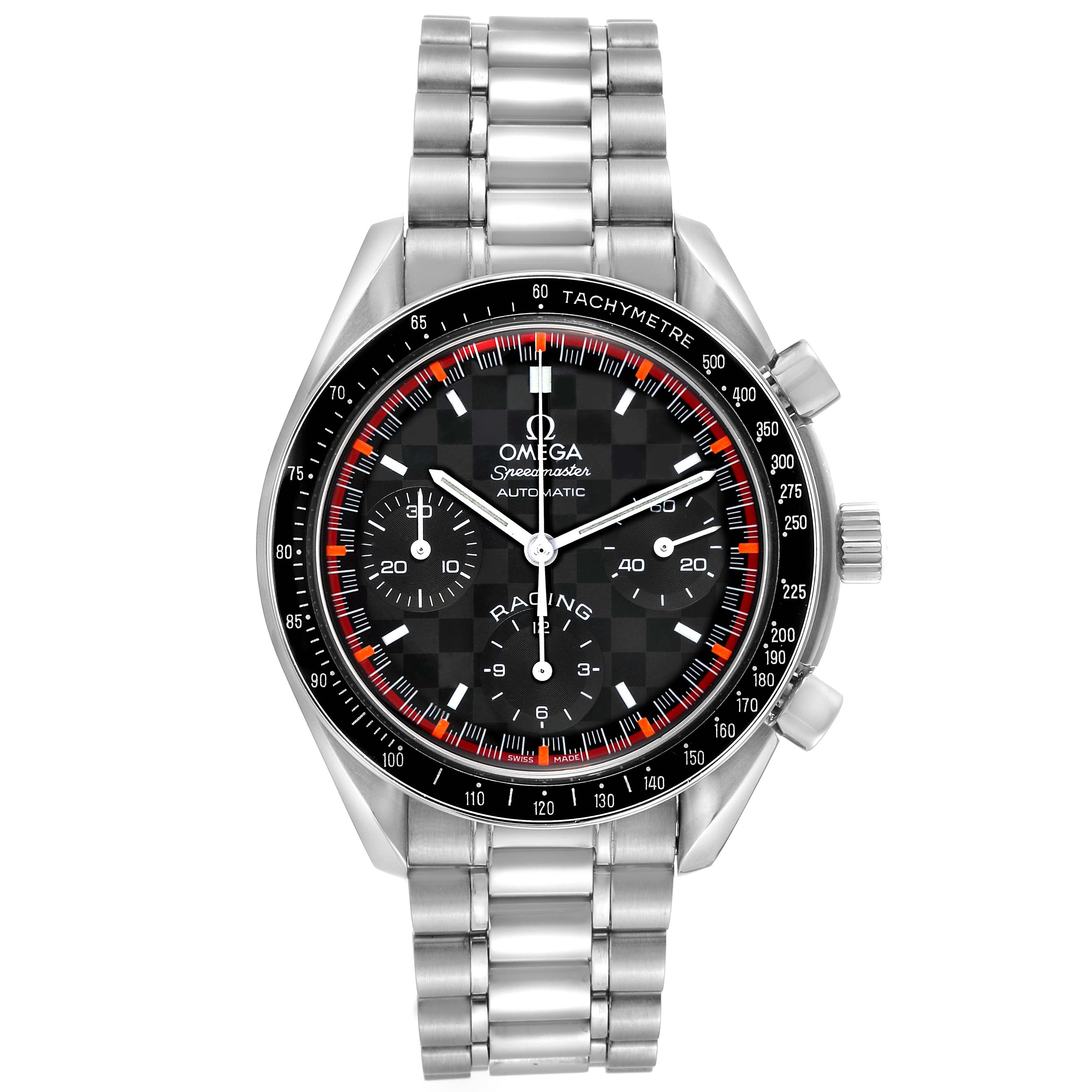 Front view of the Omega Speedmaster 3518.50.00 Men
s Stainless Steel Black Dial 3518.50.00 Men
s Stainless Steel Black Dial watch showing its dial, bezel, chronograph sub-dials, and bracelet.