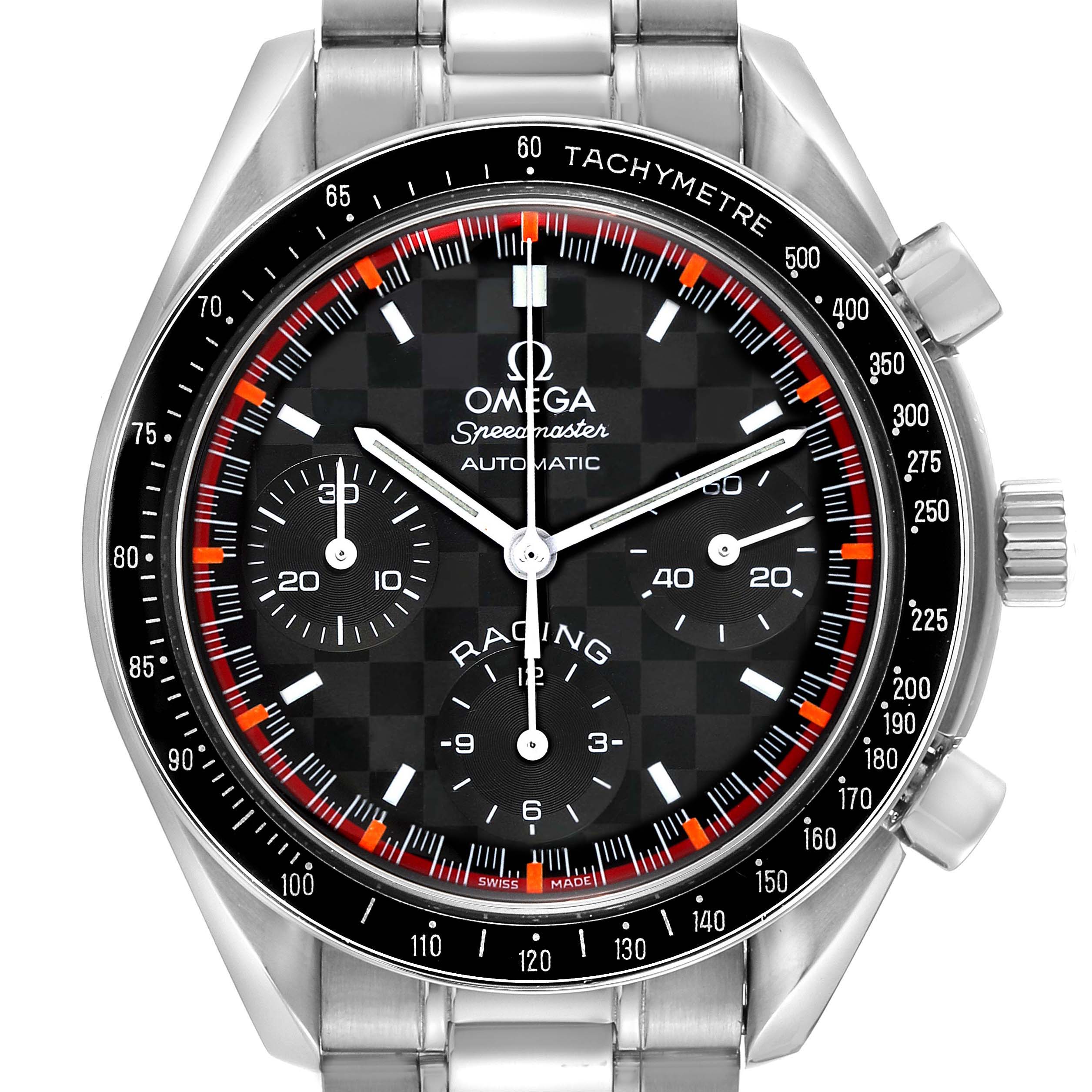 The image shows a front view of the Omega Speedmaster 3518.50.00 Men
s Stainless Steel Black Dial 3518.50.00 Men
s Stainless Steel Black Dial Racing watch, highlighting its face, bezel, and stainless steel bracelet.