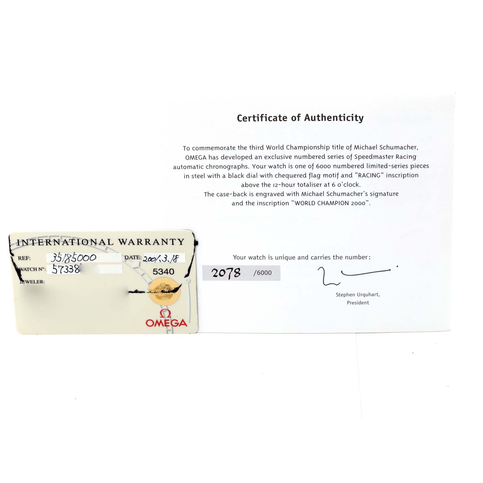 The image shows the International Warranty card and Certificate of Best Quality
ity for an Omega Speedmaster 3518.50.00 Men
s Stainless Steel Black Dial 3518.50.00 Men
s Stainless Steel Black Dial watch.