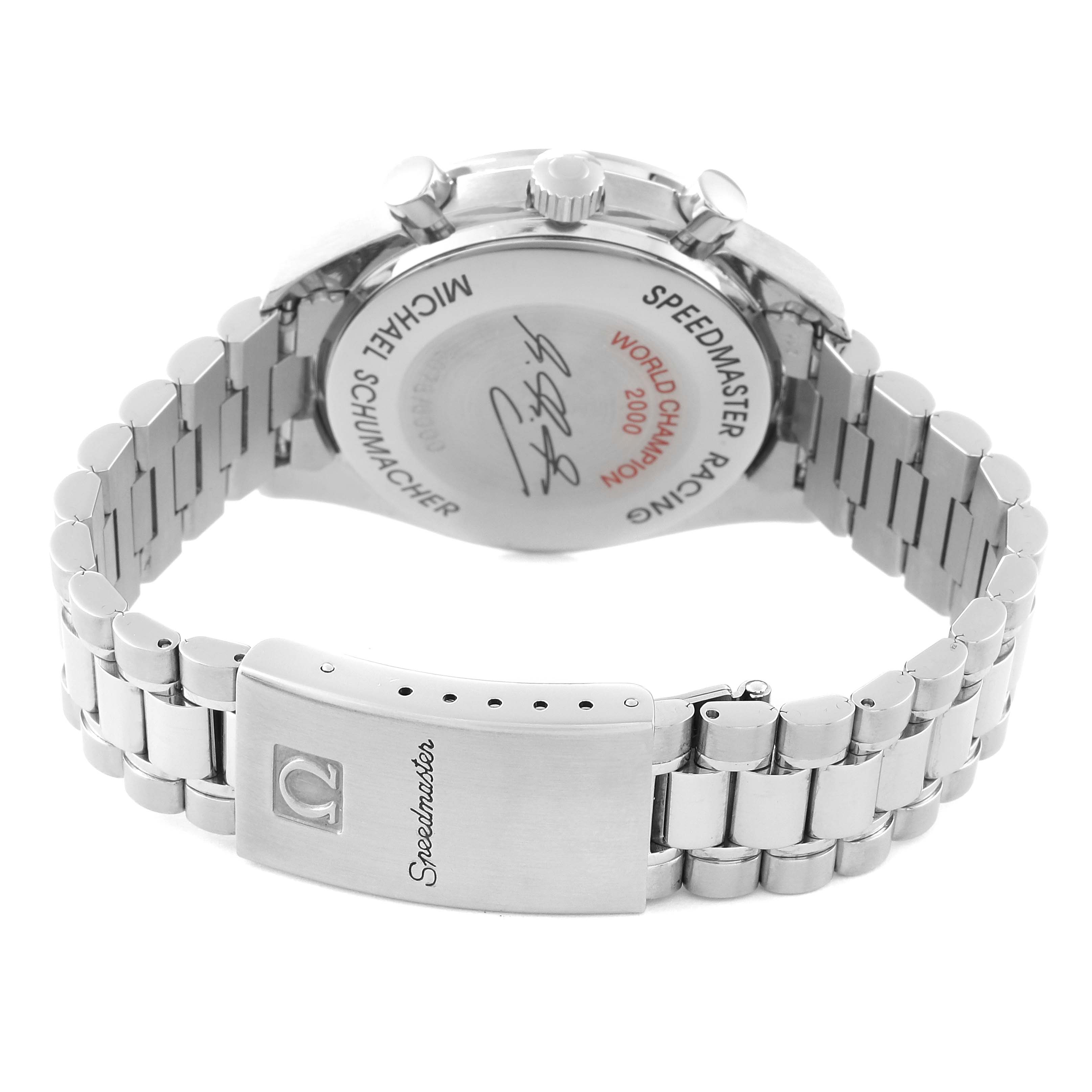 The image shows the back and clasp of an Omega Speedmaster 3518.50.00 Men
s Stainless Steel Black Dial 3518.50.00 Men
s Stainless Steel Black Dial watch, highlighting its stainless steel bracelet and case back engraving.