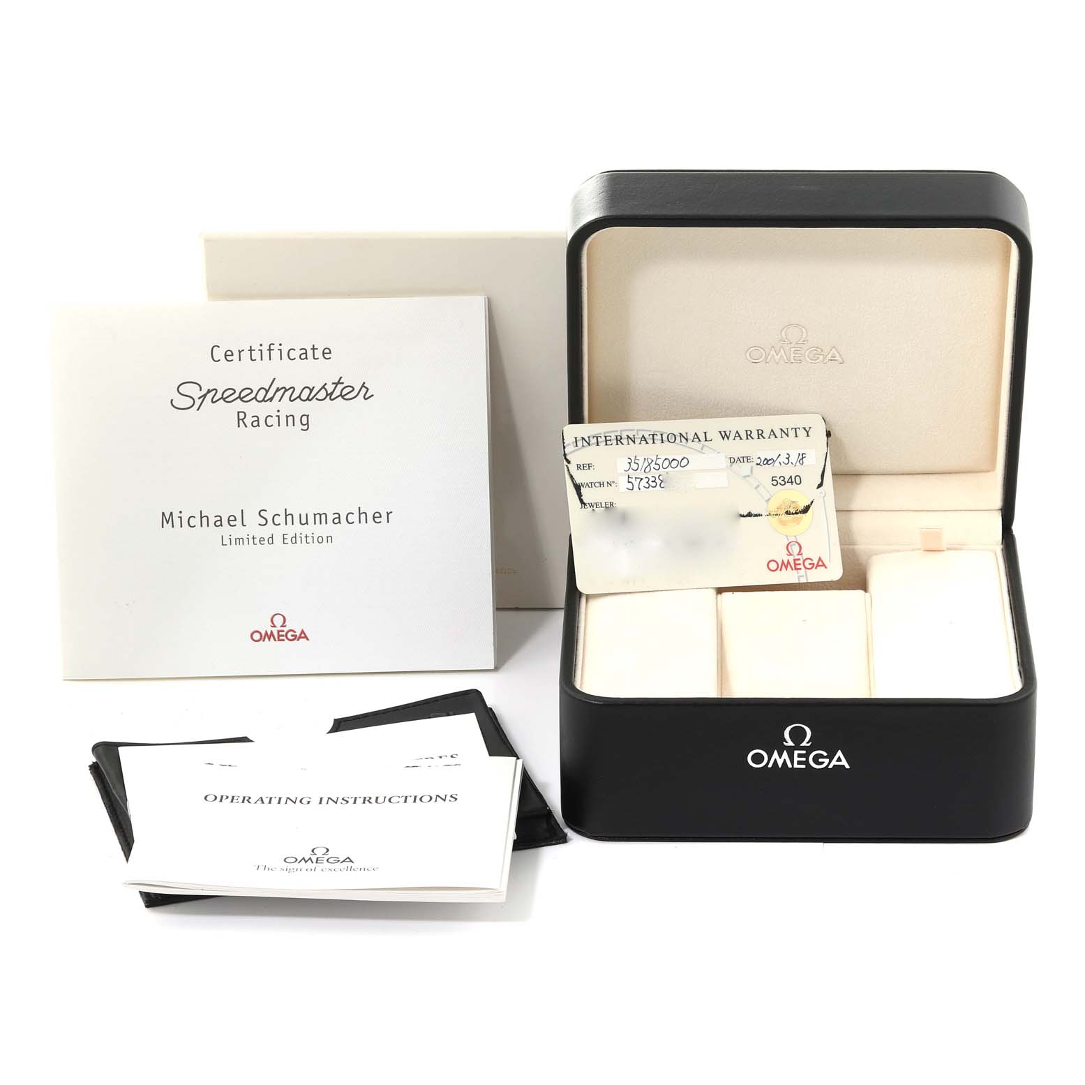 The image shows the packaging and accessories for an Omega Speedmaster 3518.50.00 Men
s Stainless Steel Black Dial 3518.50.00 Men
s Stainless Steel Black Dial, featuring a certificate, international warranty, and operating instructions.