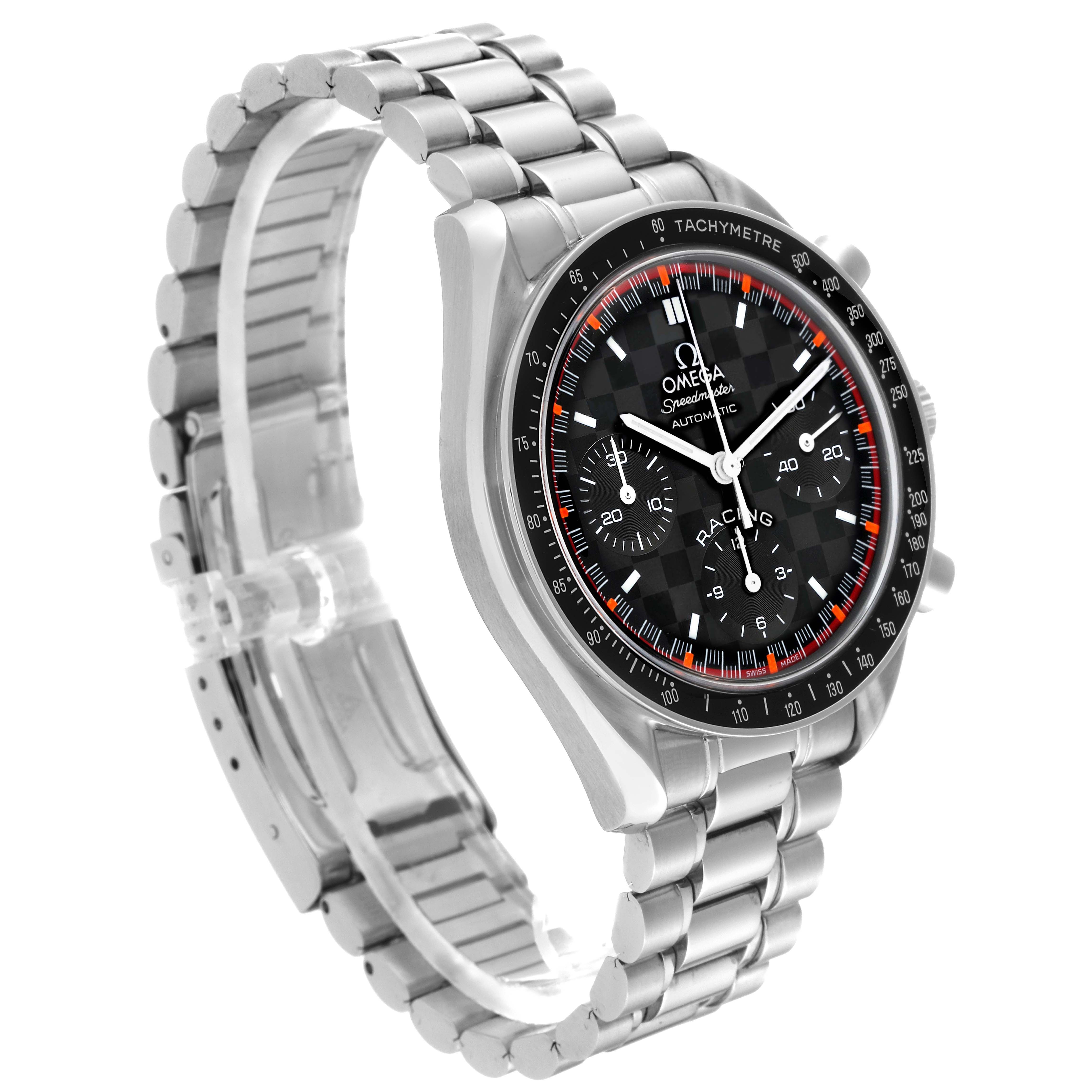The Omega Speedmaster 3518.50.00 Men
s Stainless Steel Black Dial 3518.50.00 Men
s Stainless Steel Black Dial watch is shown at a three-quarter angle featuring the face, bracelet, and tachymeter bezel.