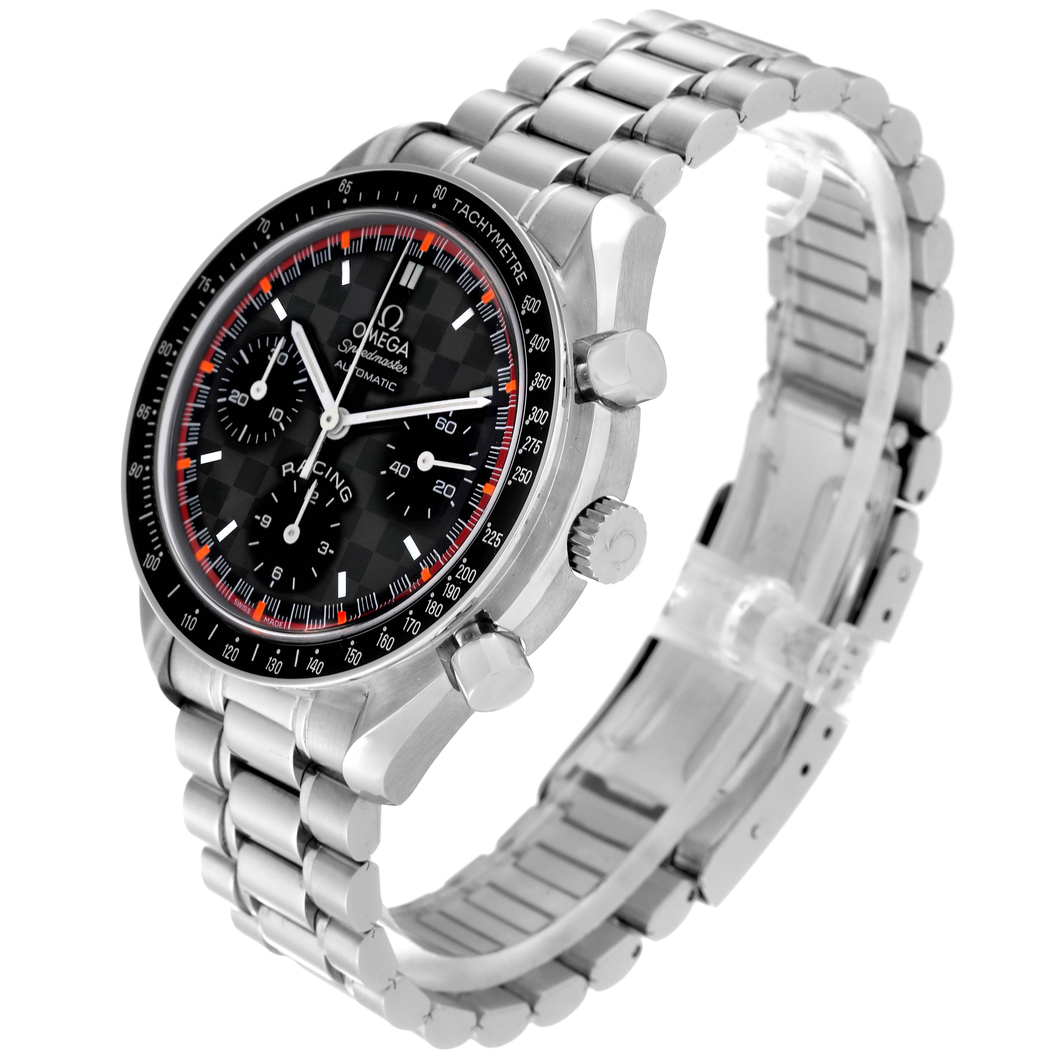 The Omega Speedmaster 3518.50.00 Men
s Stainless Steel Black Dial 3518.50.00 Men
s Stainless Steel Black Dial watch is shown at an angled view, highlighting the face, bezel, crown, pushers, and metal bracelet.