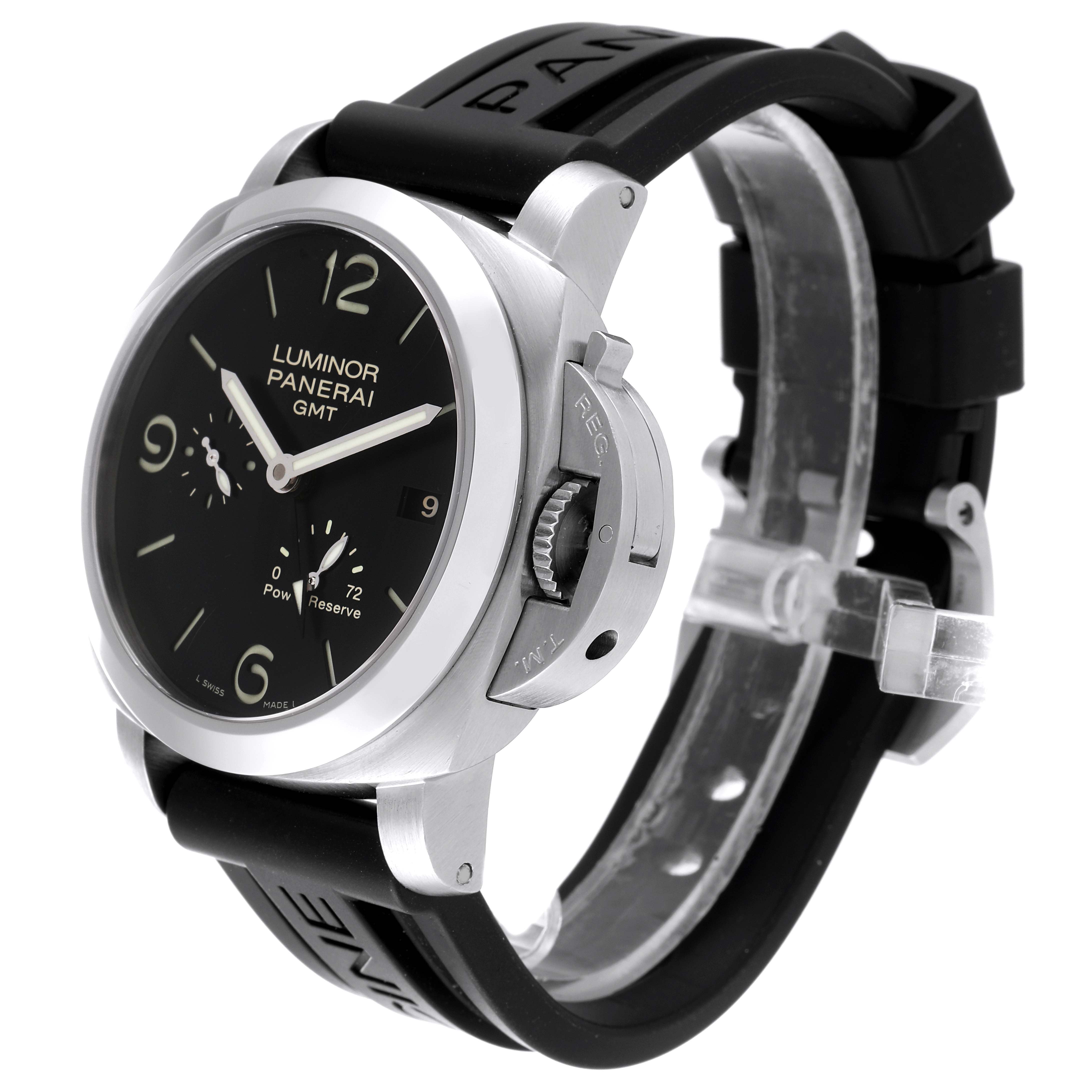 The image shows a Panerai Luminor PAM00320 Men
s Stainless Steel Black Dial PAM00320 Men
s Stainless Steel Black Dial watch at a three-quarter angle, highlighting the face, case, crown, and strap.