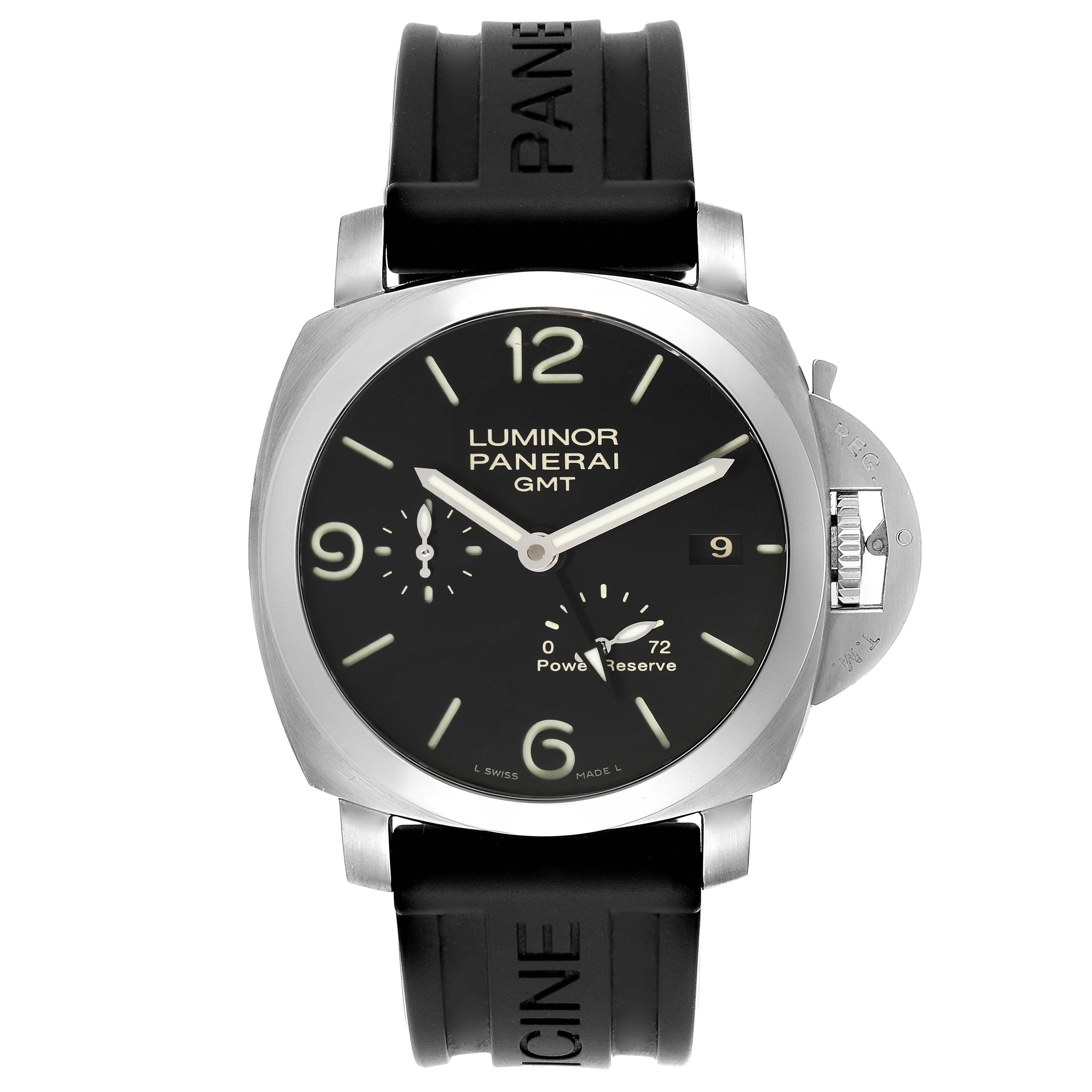 The Panerai Luminor PAM00320 Men
s Stainless Steel Black Dial PAM00320 Men
s Stainless Steel Black Dial GMT watch is shown from a front angle, highlighting its black dial, rubber strap, and crown guard.