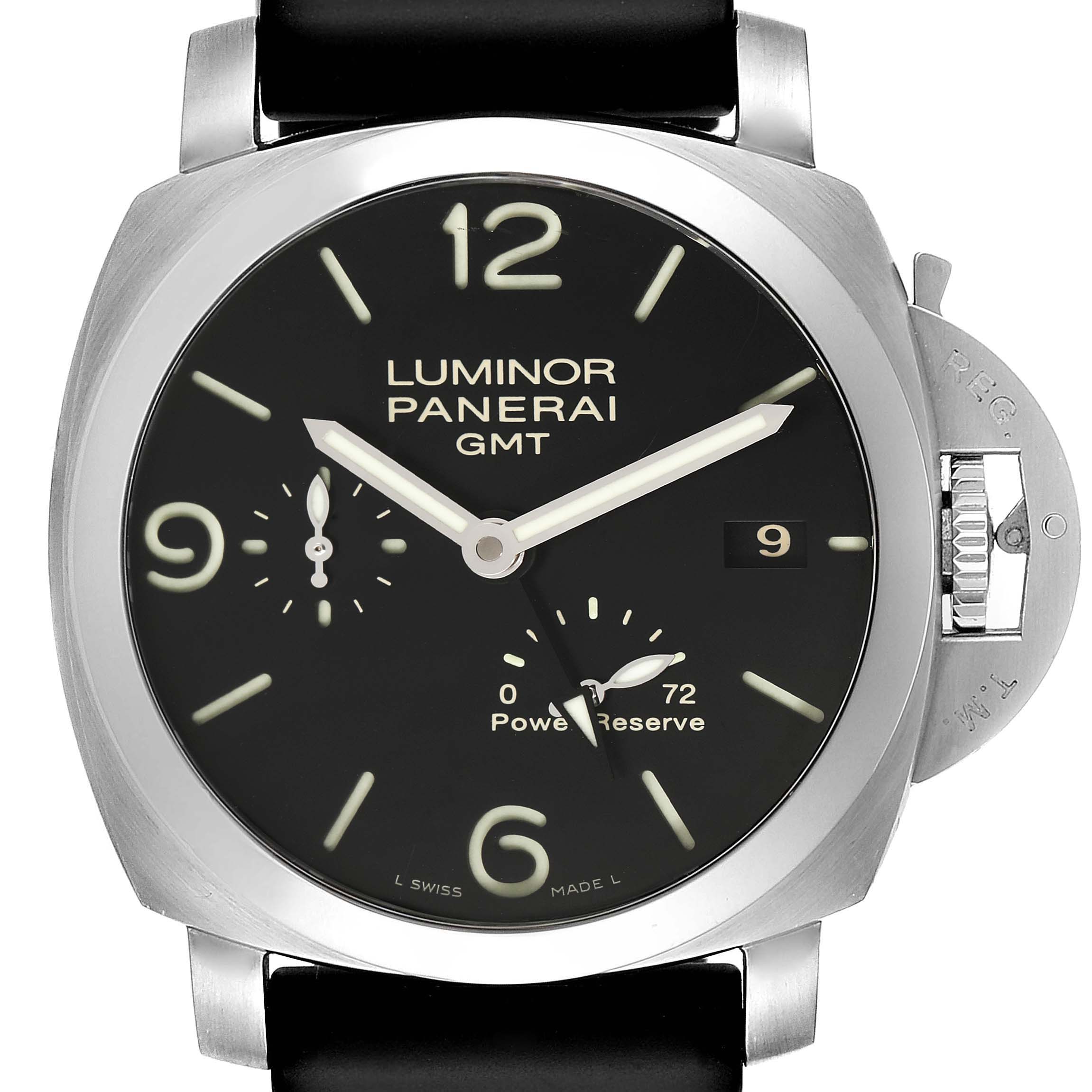 The image shows a front view of the Panerai Luminor PAM00320 Men
s Stainless Steel Black Dial PAM00320 Men
s Stainless Steel Black Dial GMT watch, highlighting the face, hands, crown guard, and strap.