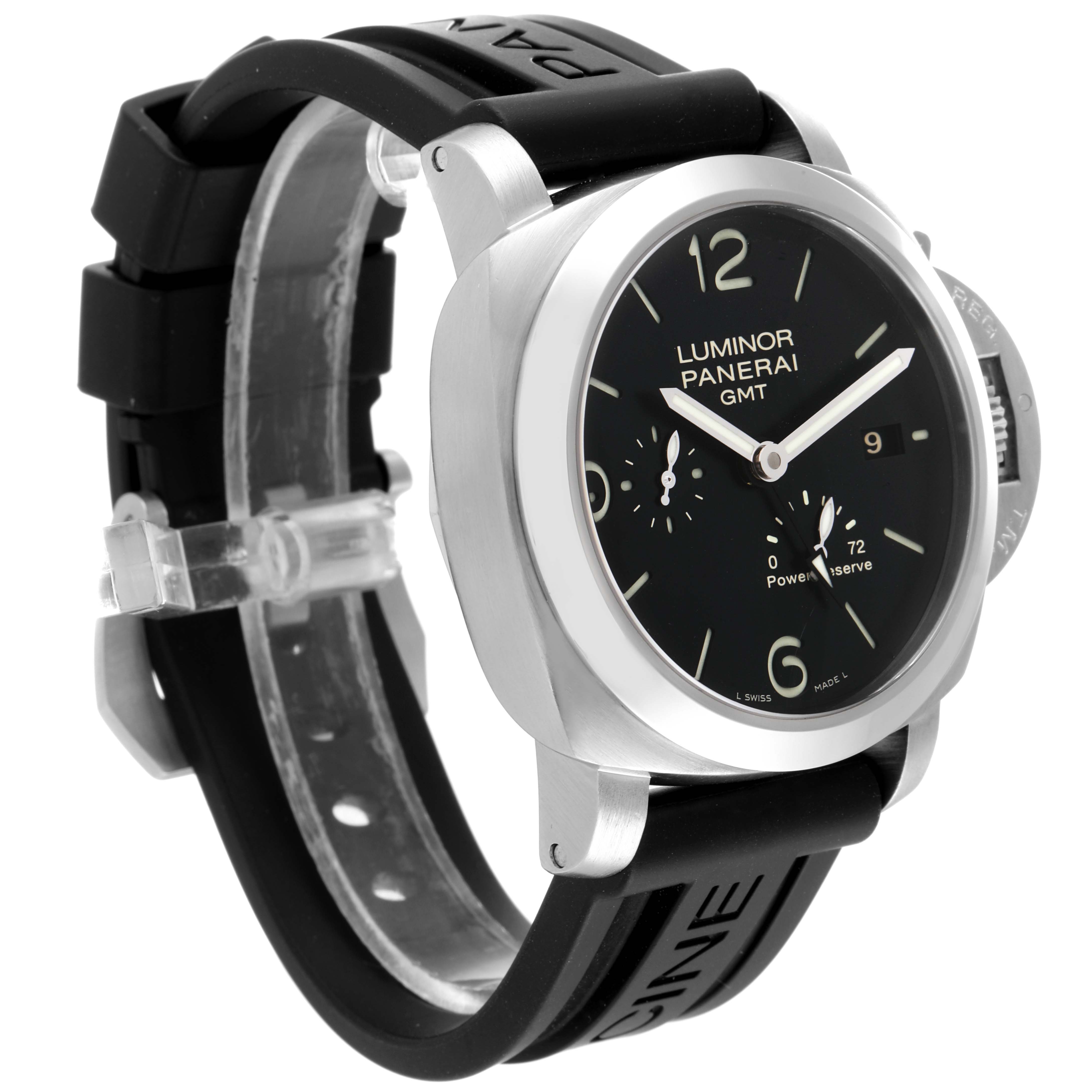 The image shows a Panerai Luminor PAM00320 Men
s Stainless Steel Black Dial PAM00320 Men
s Stainless Steel Black Dial GMT watch from a three-quarter angle, highlighting the black dial, case, and strap.