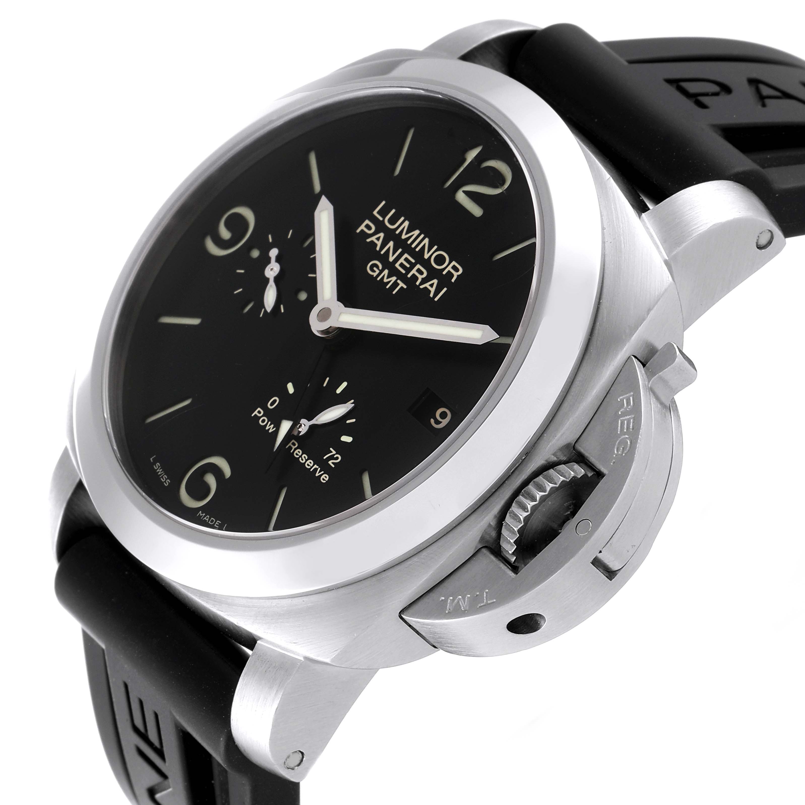 This Panerai Luminor PAM00320 Men
s Stainless Steel Black Dial PAM00320 Men
s Stainless Steel Black Dial watch is shown at an angle displaying the dial, crown guard, and part of the rubber strap.