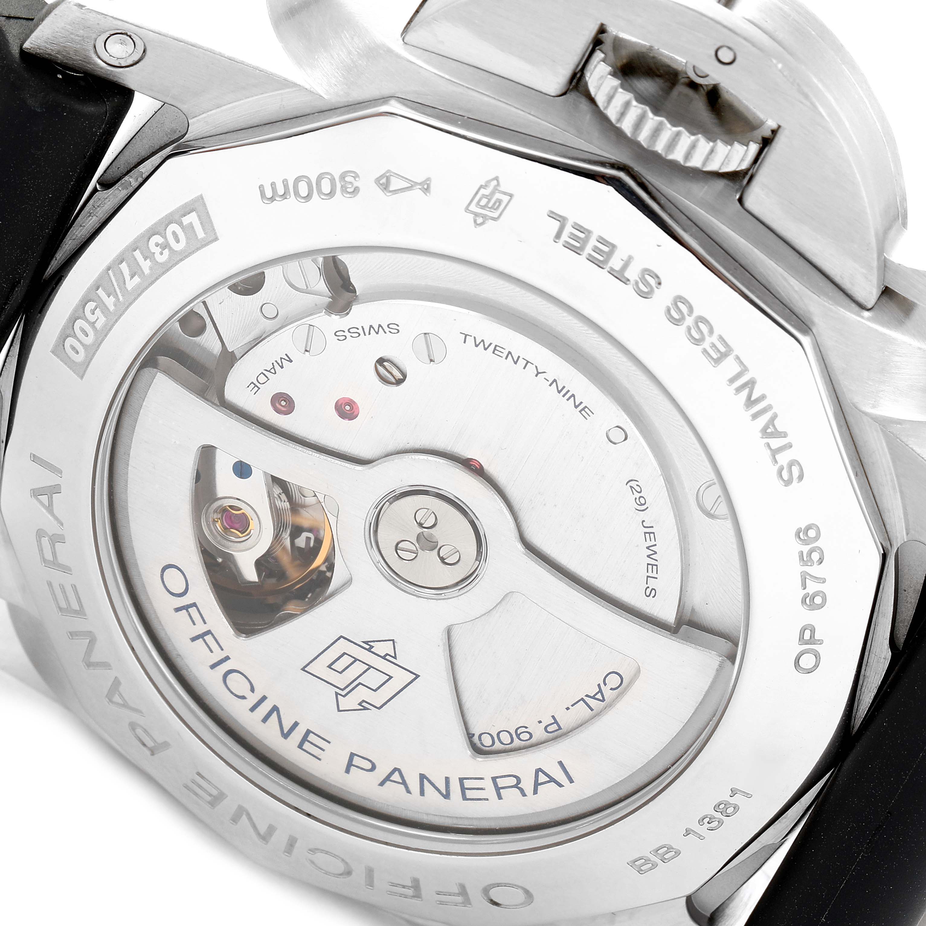 The image shows the back of a Panerai Luminor PAM00320 Men
s Stainless Steel Black Dial PAM00320 Men
s Stainless Steel Black Dial watch, highlighting its transparent case back and internal watch mechanisms.