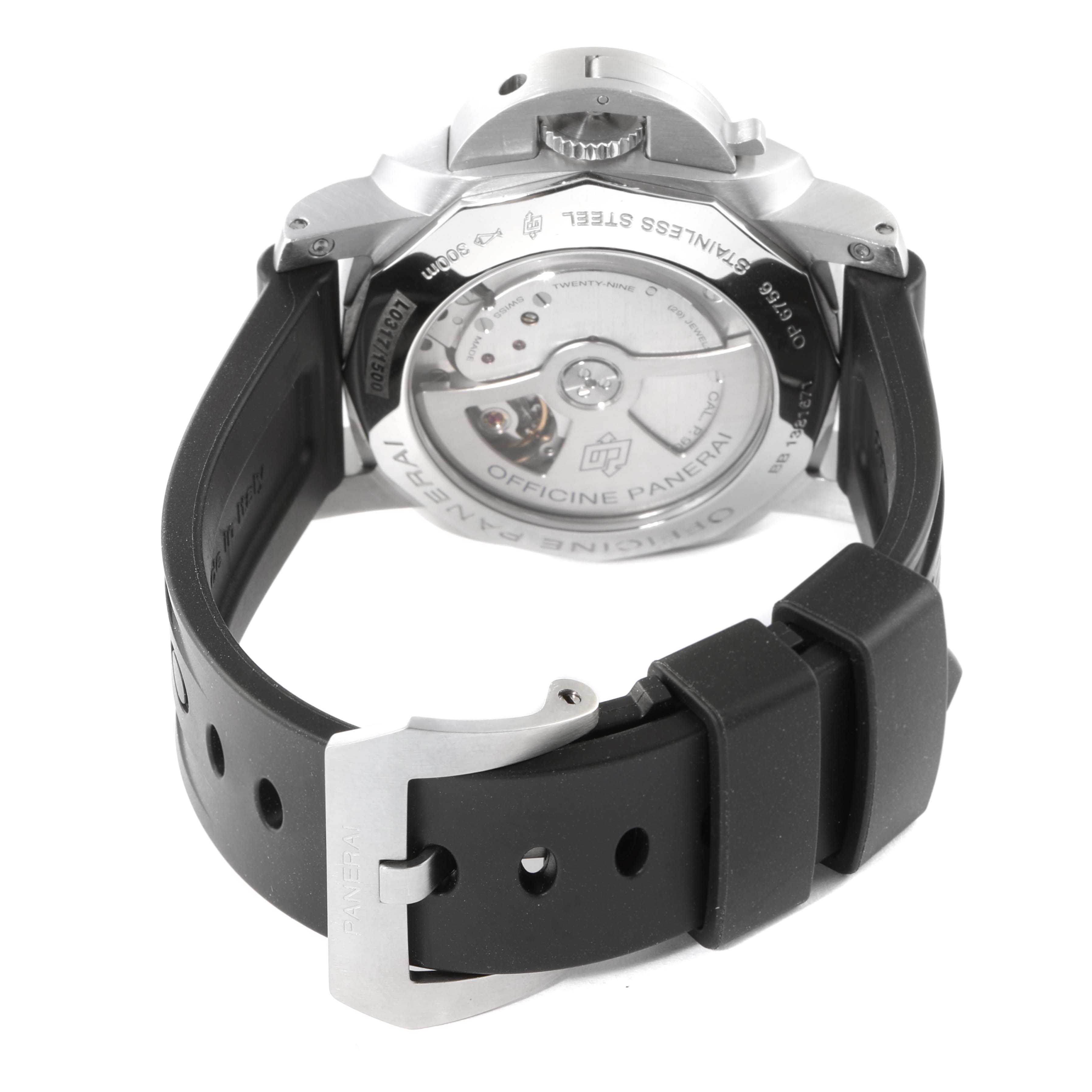 The image shows the back view of a Panerai Luminor PAM00320 Men
s Stainless Steel Black Dial PAM00320 Men
s Stainless Steel Black Dial watch, highlighting the case back, rotor, and rubber strap with a buckle.