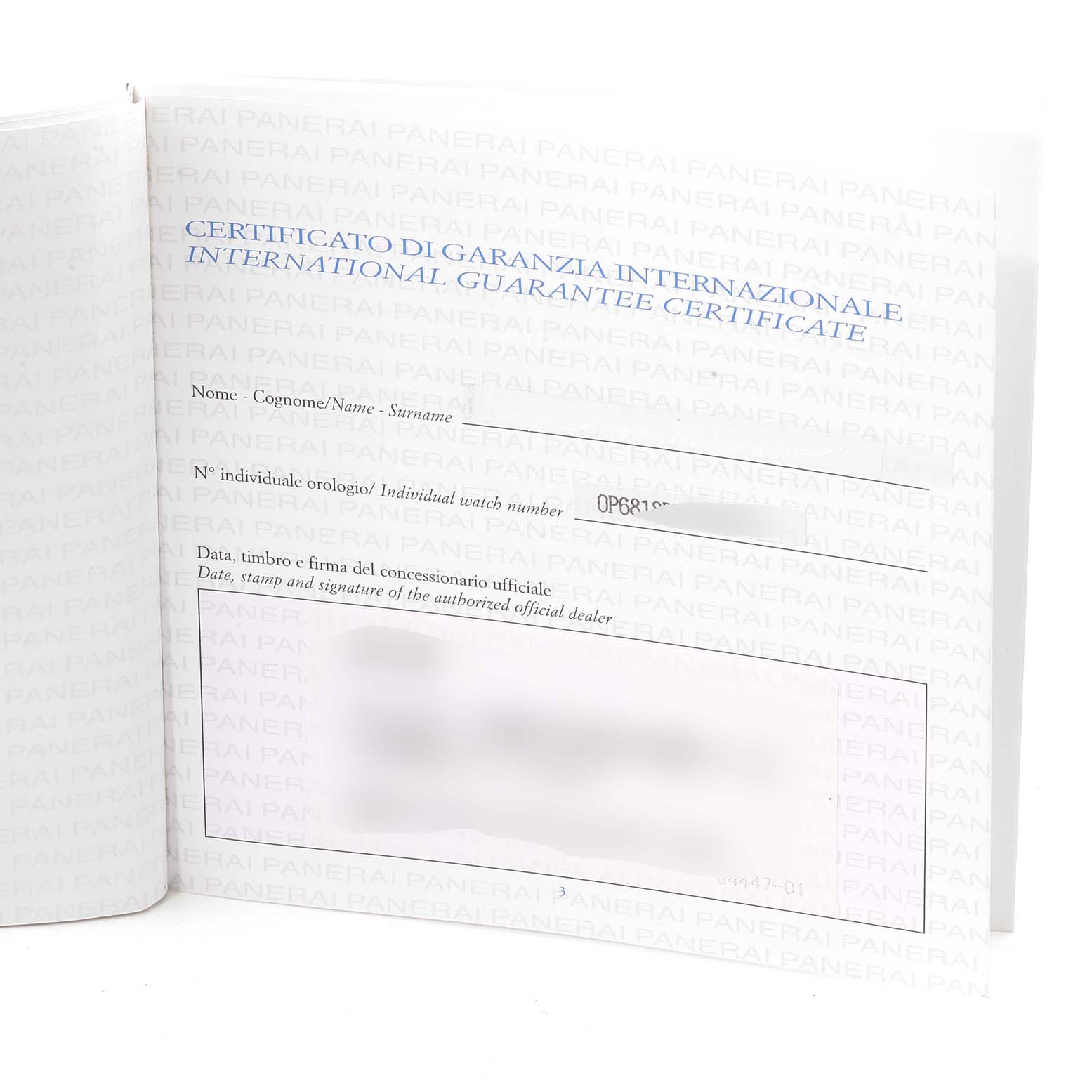 This image shows an open International Guarantee Certificate for a Luminor model by Panerai.