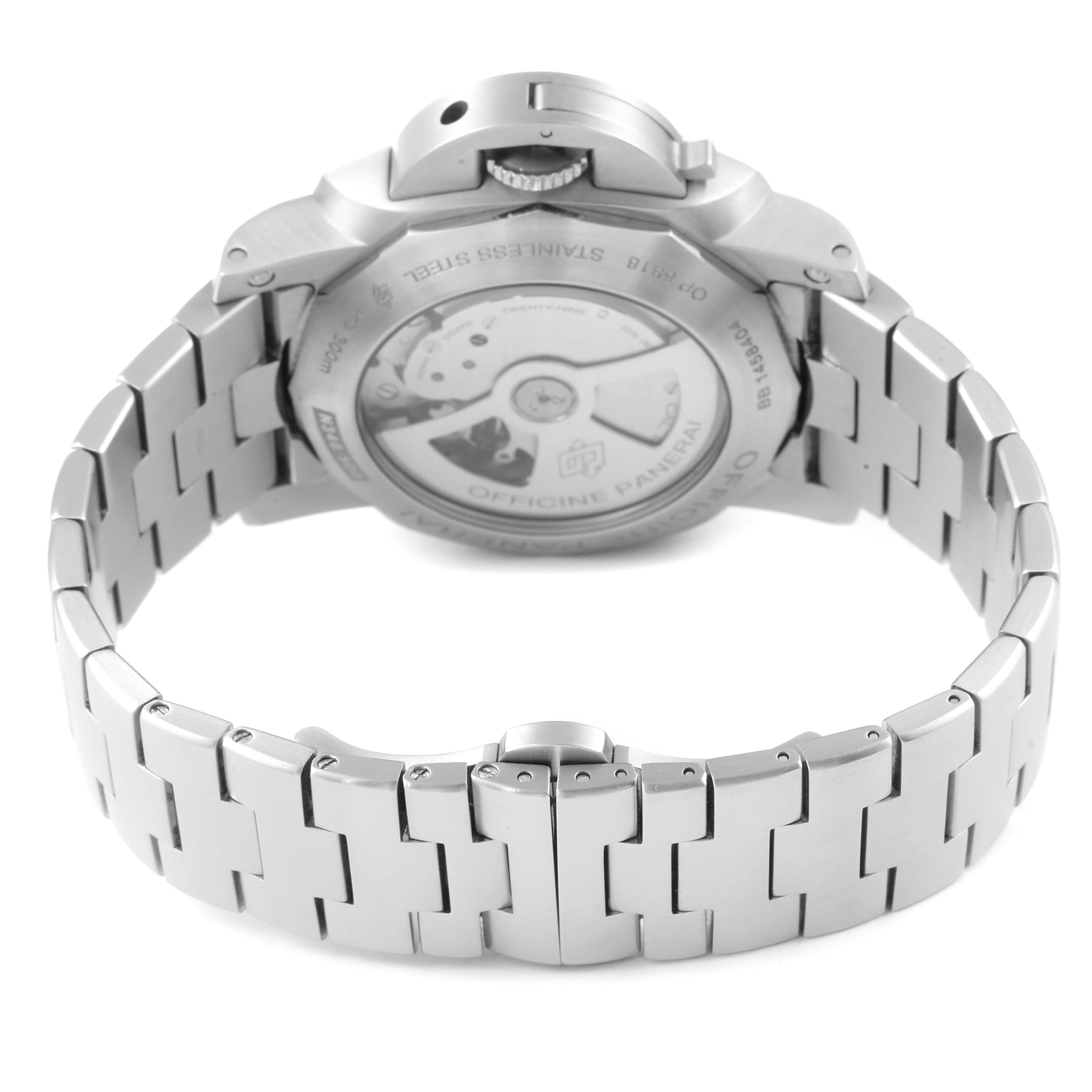 The image shows the back view of the Panerai Luminor PAM00347 Men
s Stainless Steel Black Dial PAM00347 Men
s Stainless Steel Black Dial watch, highlighting its stainless steel case and bracelet.