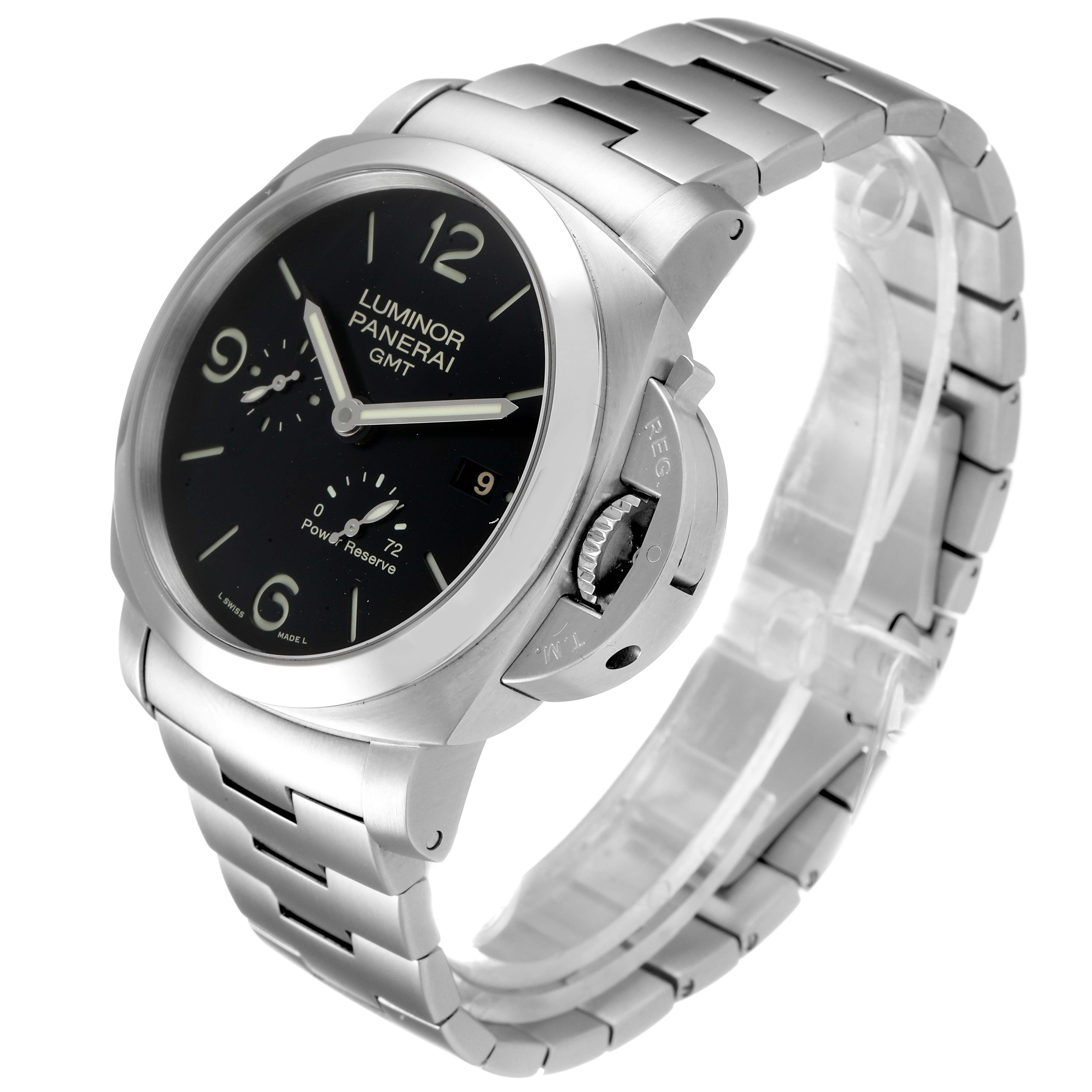 The Panerai Luminor PAM00347 Men
s Stainless Steel Black Dial PAM00347 Men
s Stainless Steel Black Dial watch is shown at a three-quarter angle, displaying its black dial, silver case, and metal bracelet.