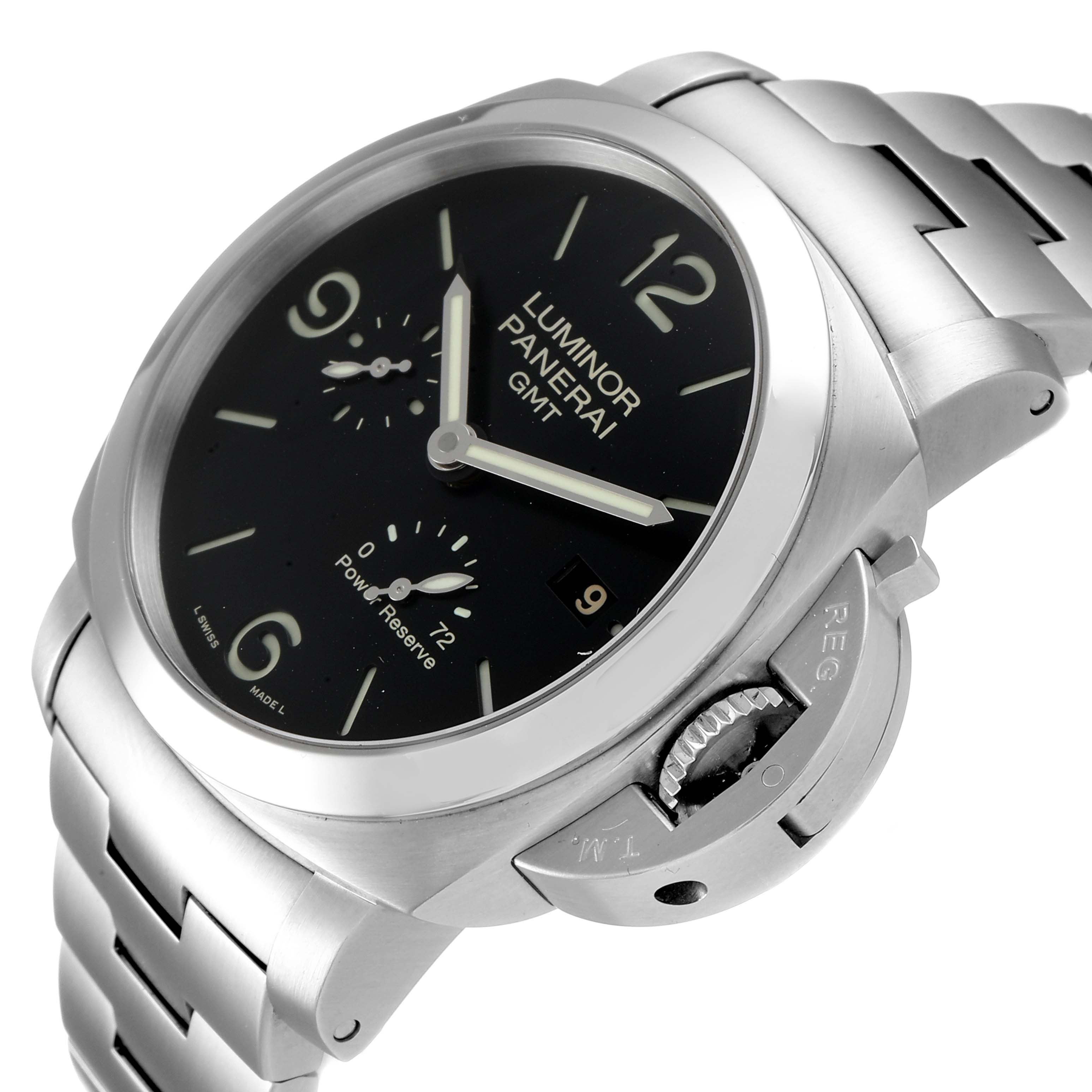The image shows a Panerai Luminor PAM00347 Men
s Stainless Steel Black Dial PAM00347 Men
s Stainless Steel Black Dial watch at an angled close-up, highlighting its face, crown guard, and bracelet.