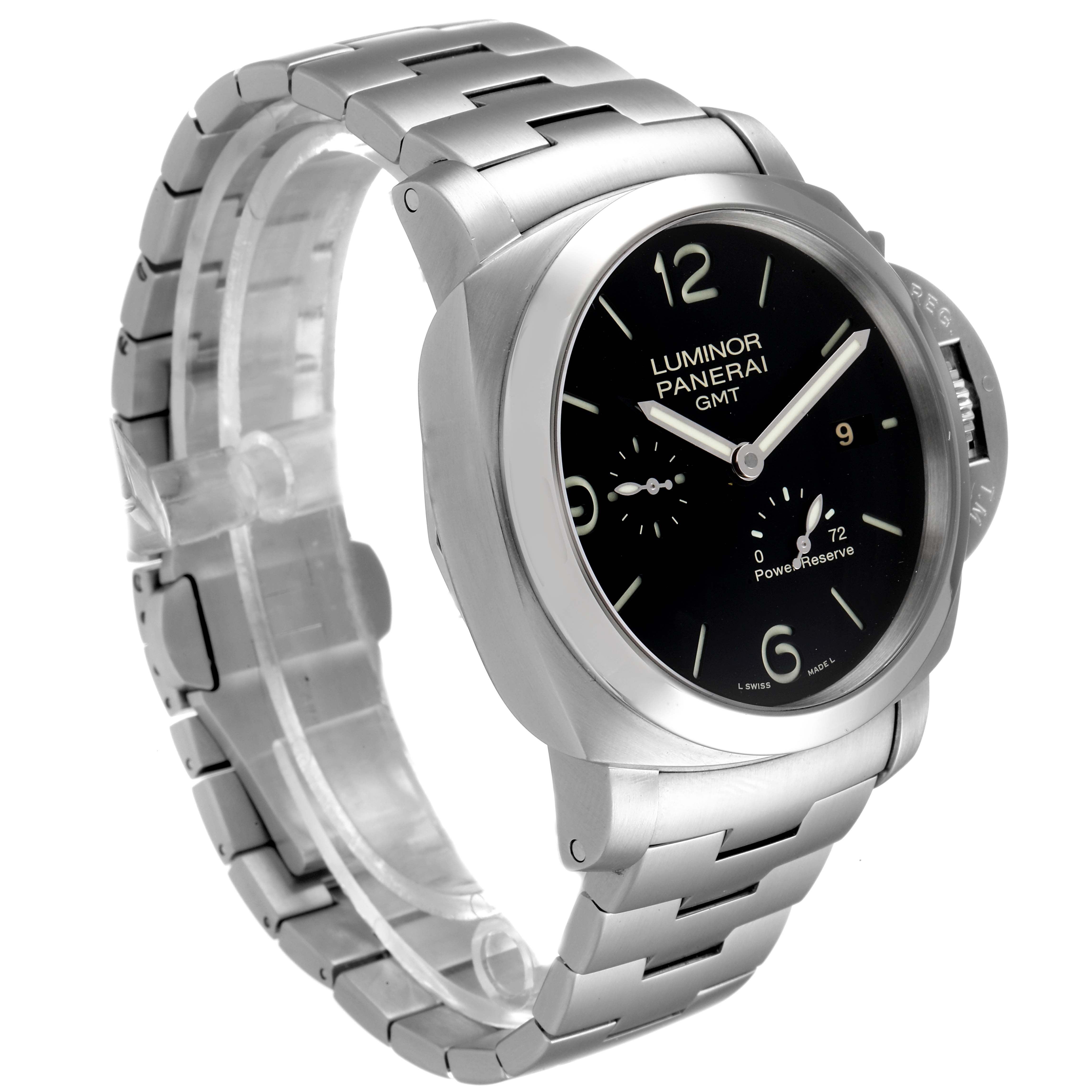 The image shows a Panerai Luminor PAM00347 Men
s Stainless Steel Black Dial PAM00347 Men
s Stainless Steel Black Dial GMT watch angled to display its dial, bezel, and part of the metal band.