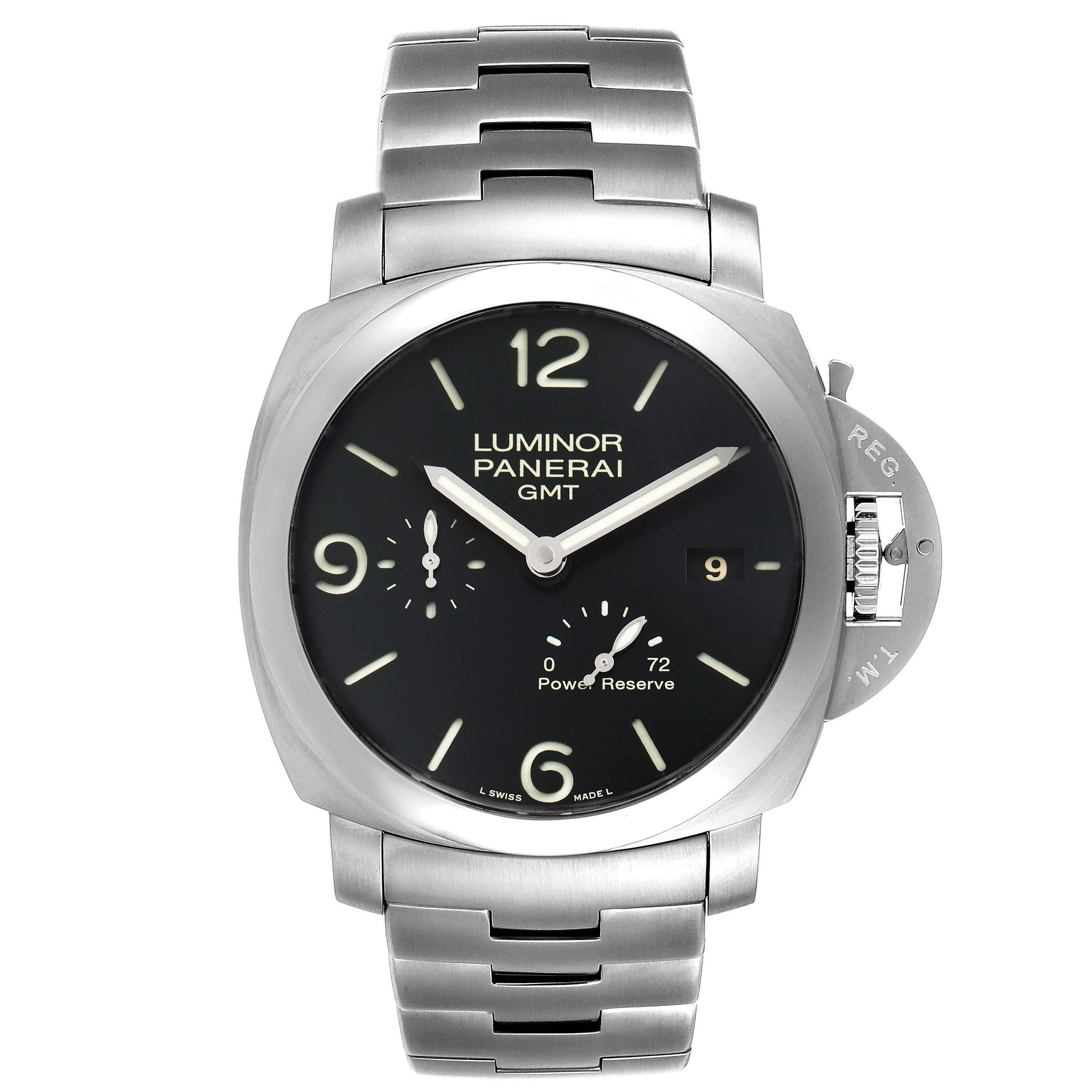 This image displays a front view of the Panerai Luminor PAM00347 Men
s Stainless Steel Black Dial PAM00347 Men
s Stainless Steel Black Dial GMT watch, highlighting its dial, bracelet, and crown guard.