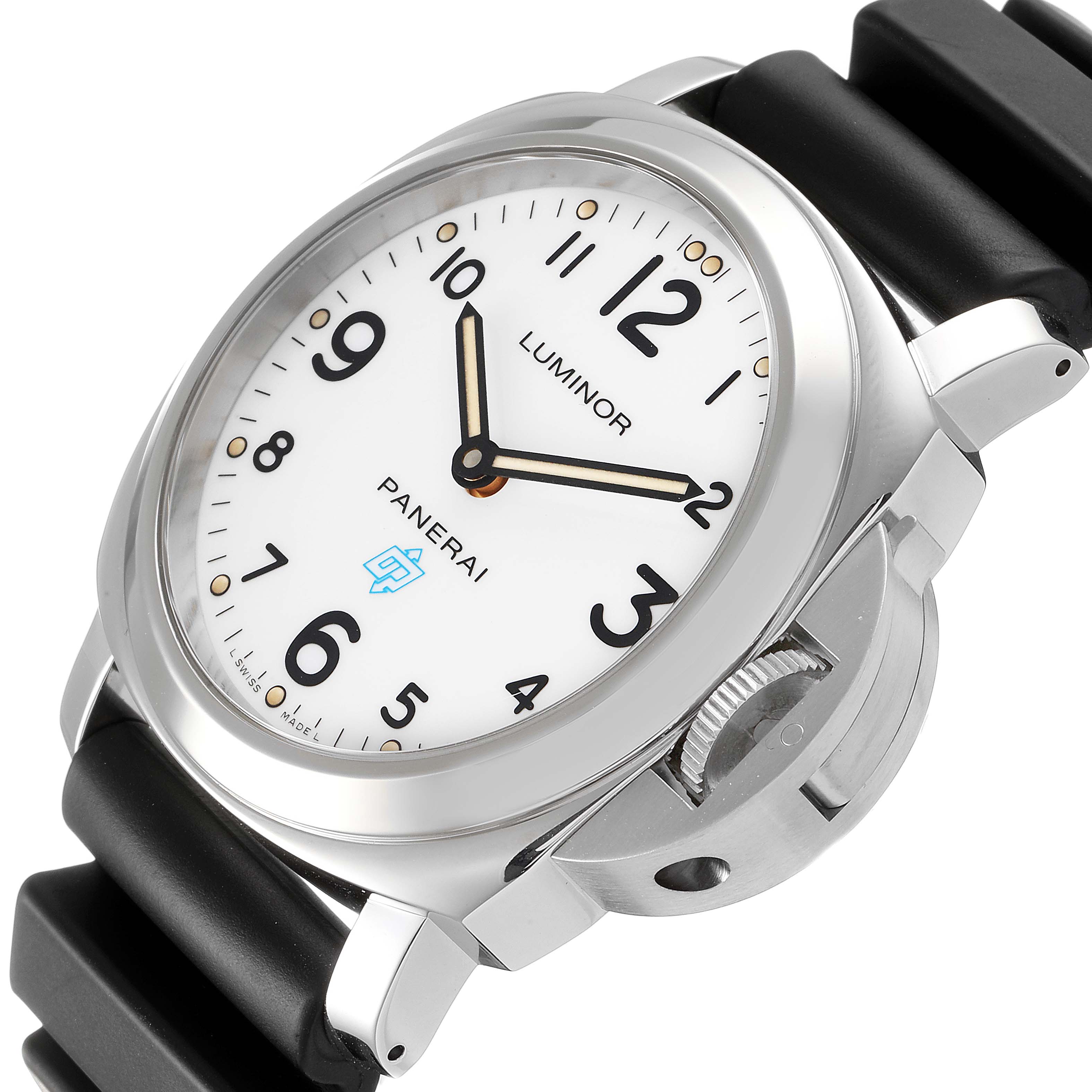 The image shows a close-up, angled view of a Panerai Luminor PAM00630 Men
s Stainless Steel White Dial PAM00630 Men
s Stainless Steel White Dial watch, highlighting the dial, case, crown guard, and strap.