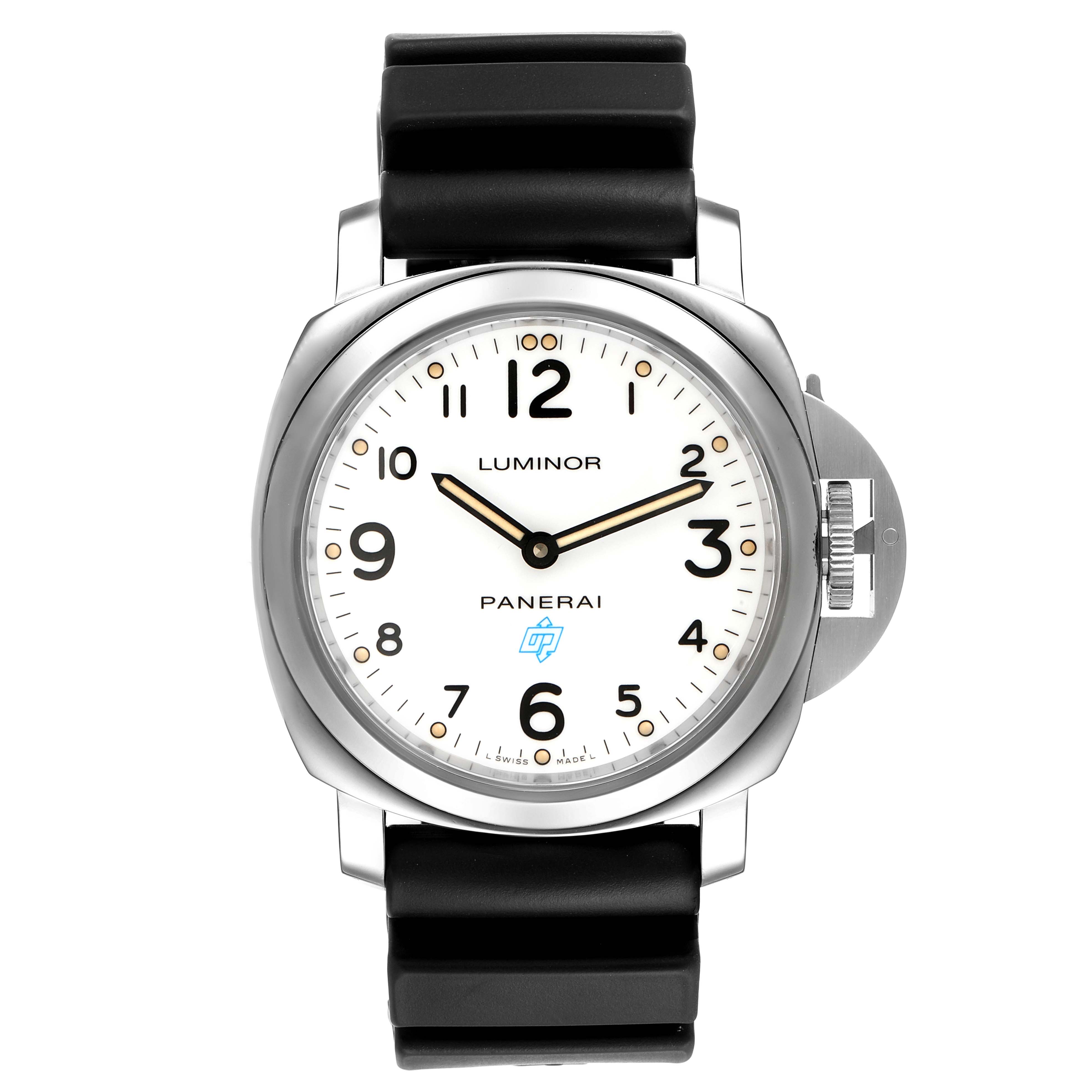 This is a front view of a Panerai Luminor PAM00630 Men
s Stainless Steel White Dial PAM00630 Men
s Stainless Steel White Dial watch showing the face, bezel, and strap.