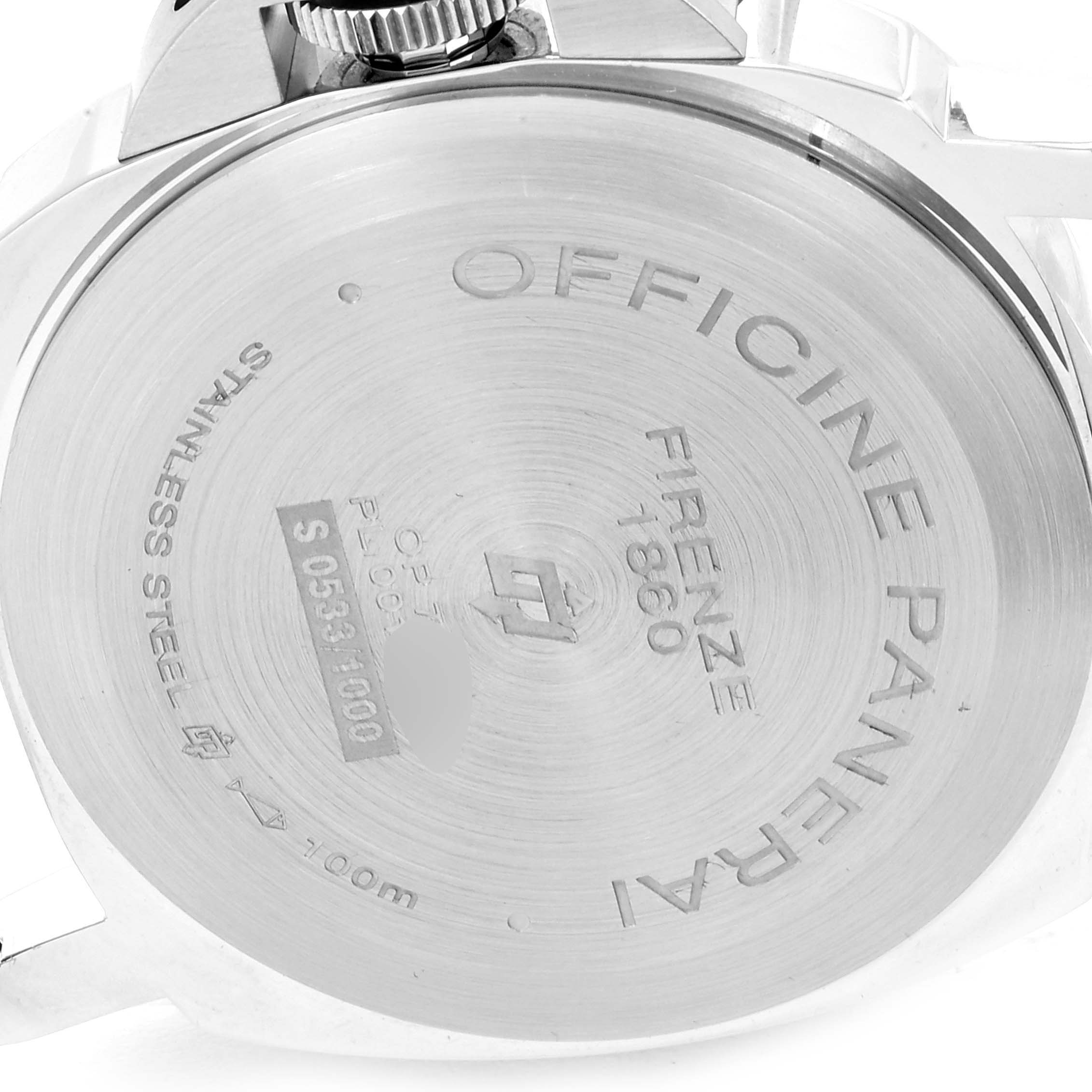 The image shows the back of the Panerai Luminor PAM00630 Men
s Stainless Steel White Dial PAM00630 Men
s Stainless Steel White Dial watch with engravings visible.