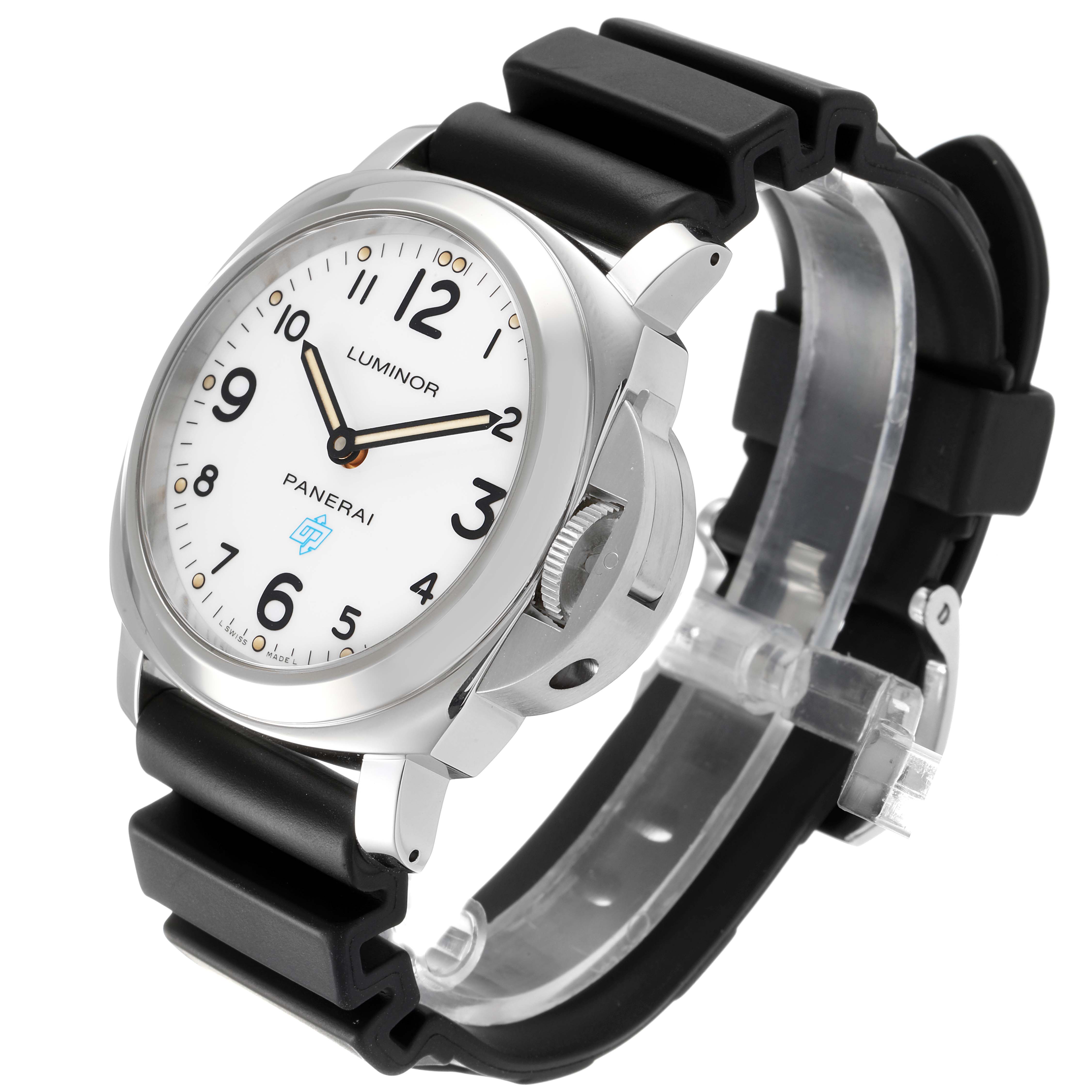 This Panerai Luminor PAM00630 Men
s Stainless Steel White Dial PAM00630 Men
s Stainless Steel White Dial watch is shown at a three-quarter angle, highlighting its face, crown guard, and black rubber strap.