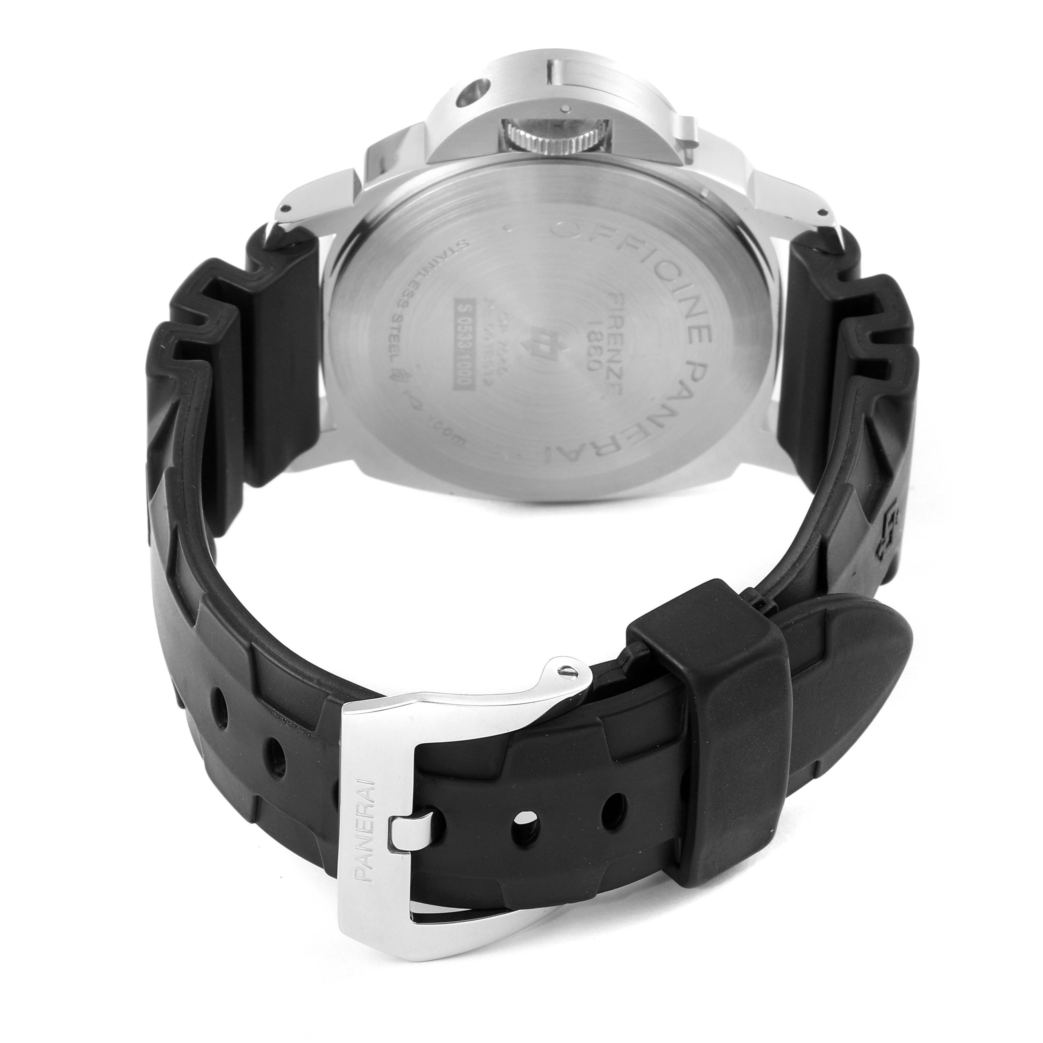 The image shows the back view of a Panerai Luminor PAM00630 Men
s Stainless Steel White Dial PAM00630 Men
s Stainless Steel White Dial watch, highlighting the case back, crown guard, and rubber strap.