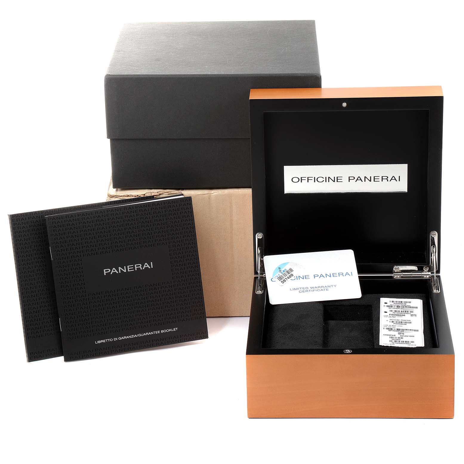 This image shows the packaging and warranty booklet for a Panerai Luminor PAM00630 Men
s Stainless Steel White Dial PAM00630 Men
s Stainless Steel White Dial watch.
