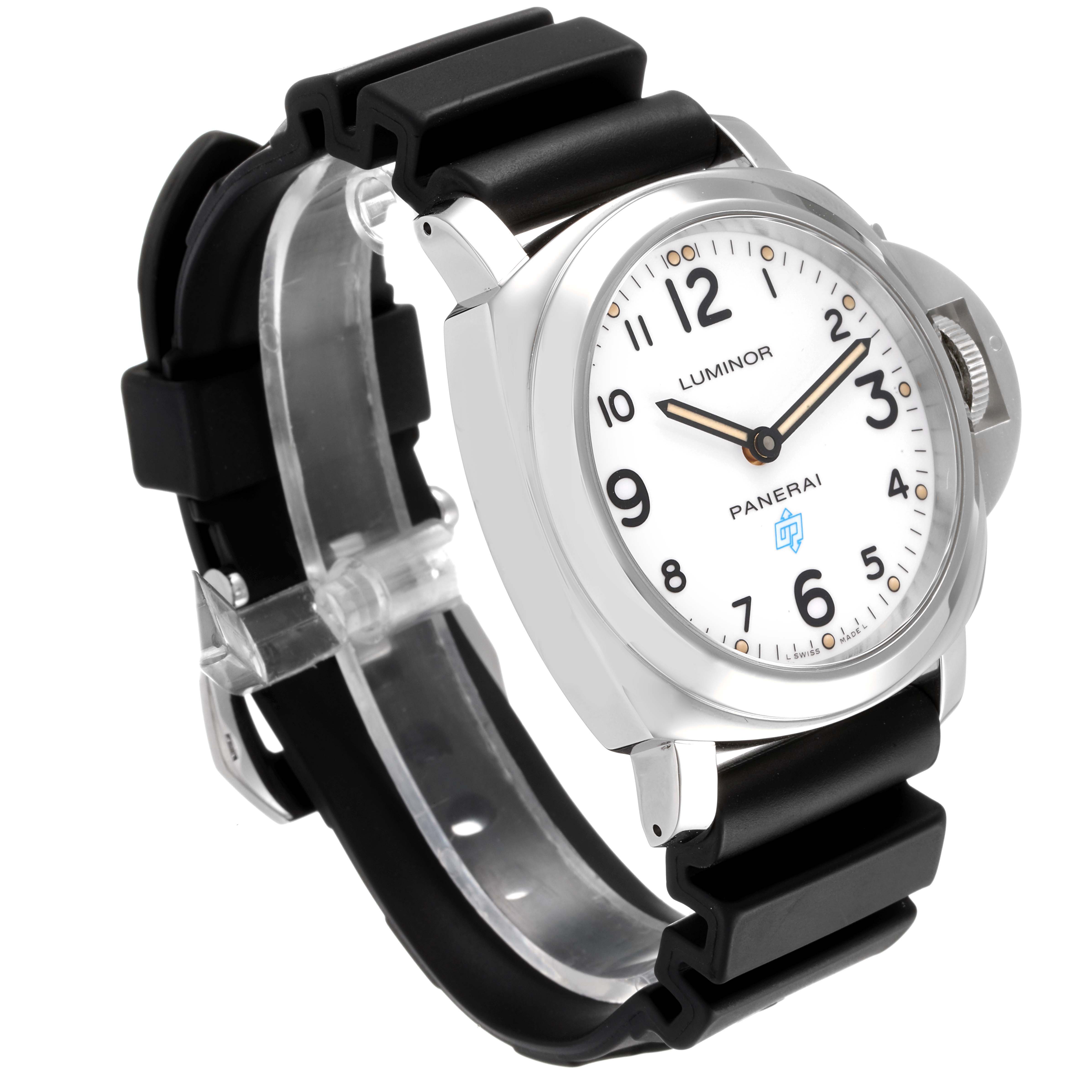 The Panerai Luminor PAM00630 Men
s Stainless Steel White Dial PAM00630 Men
s Stainless Steel White Dial watch is shown at a three-quarter angle, highlighting the dial, case, and black strap.