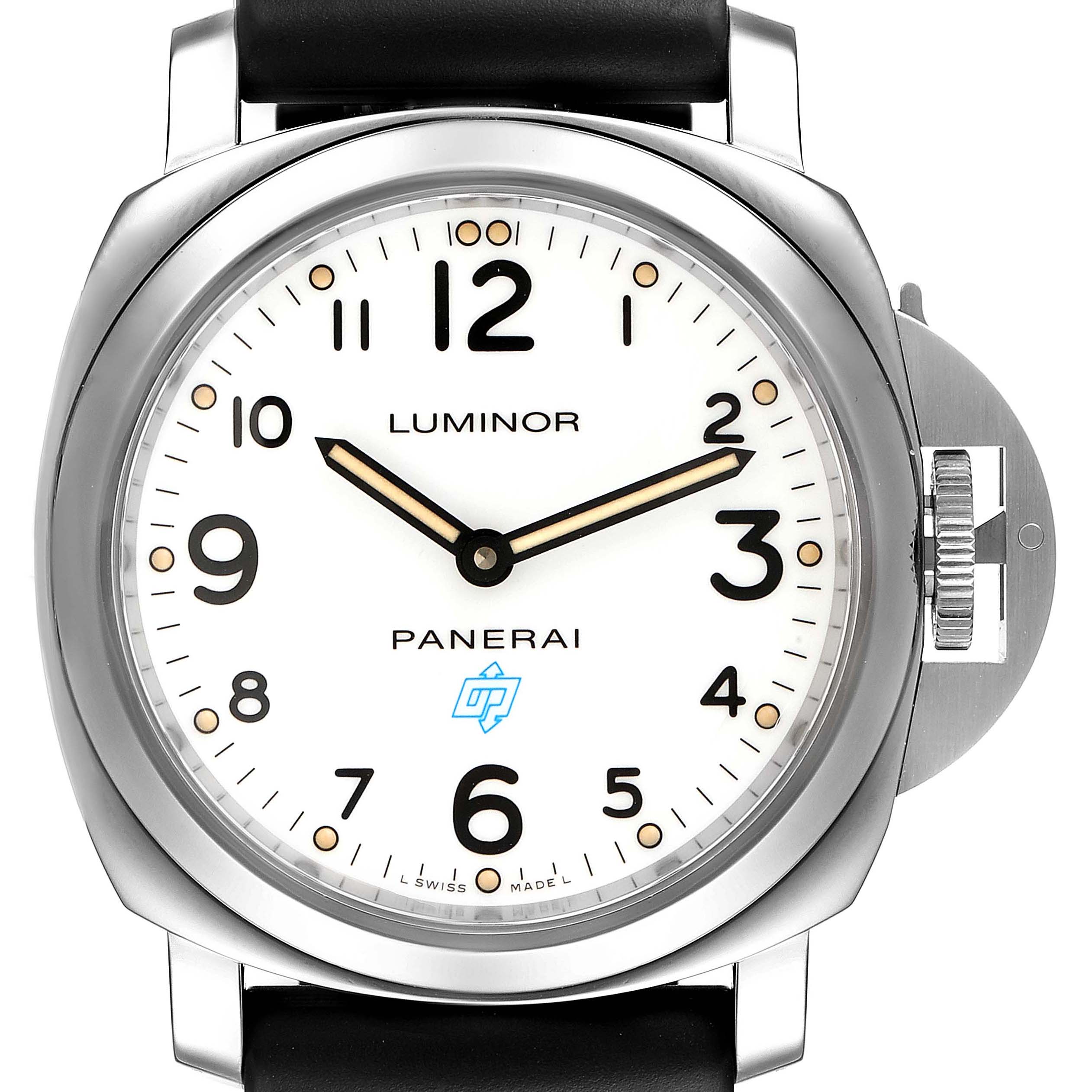 The image shows a front view of a Panerai Luminor PAM00630 Men
s Stainless Steel White Dial PAM00630 Men
s Stainless Steel White Dial watch, highlighting the dial, hands, and crown guard.
