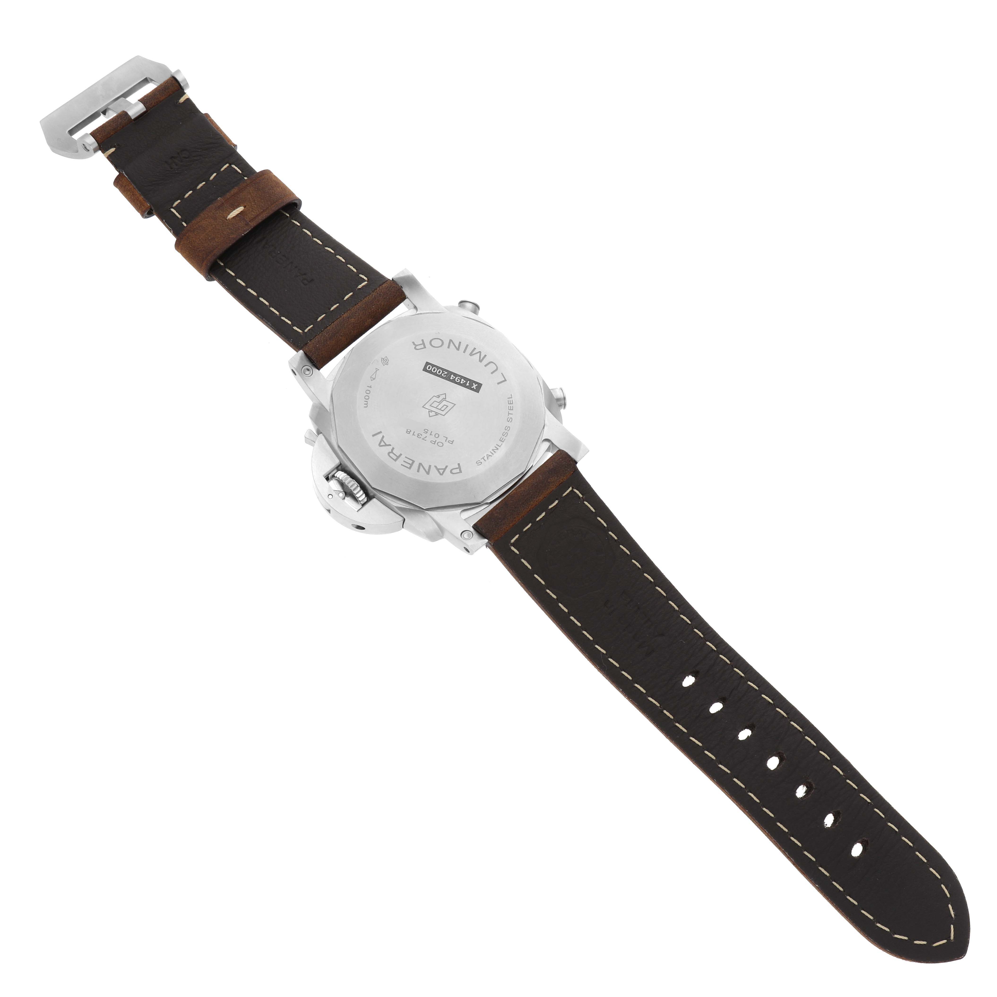 The image shows the back view of a Panerai Luminor PAM01109 Men
s Stainless Steel Black Dial PAM01109 Men
s Stainless Steel Black Dial watch with a brown leather strap.