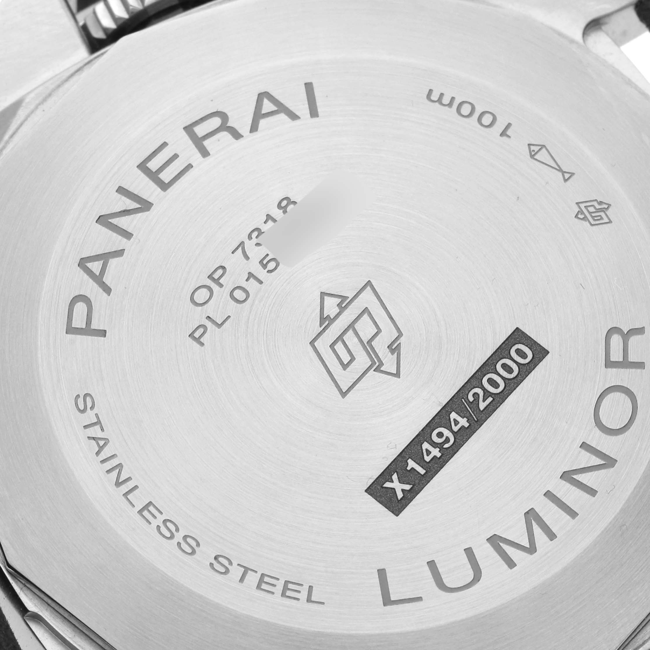 This image shows the back case of a Panerai Luminor PAM01109 Men
s Stainless Steel Black Dial PAM01109 Men
s Stainless Steel Black Dial watch with model and serial numbers etched in.
