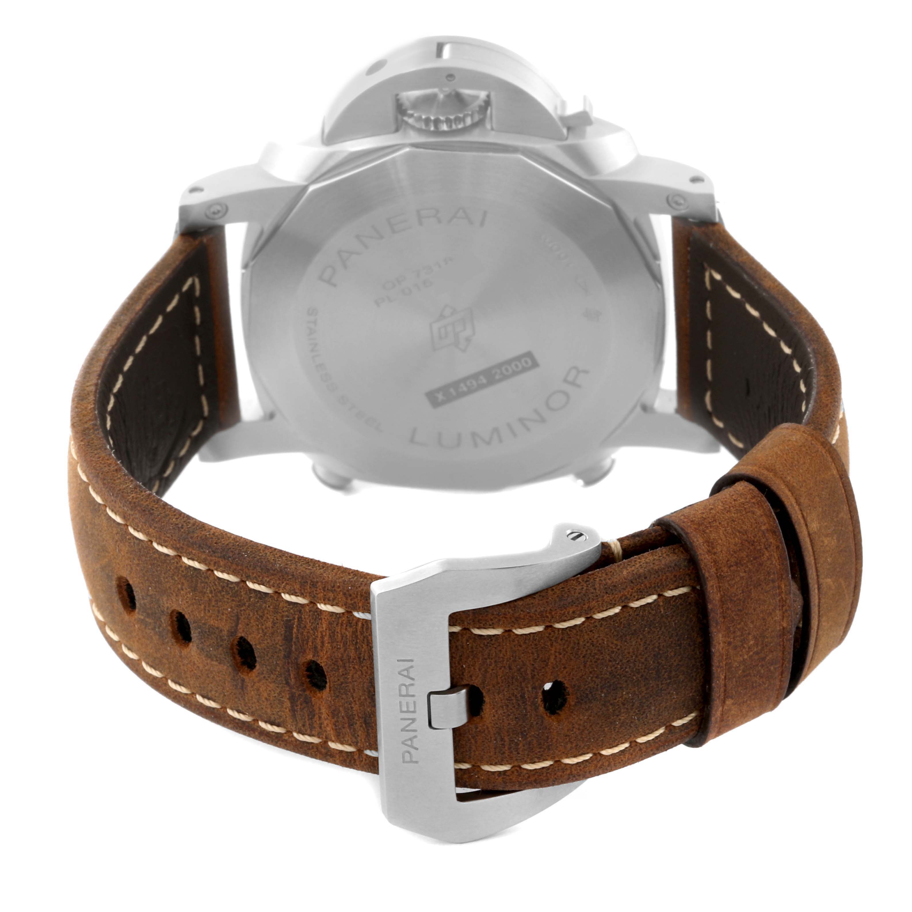 The image shows the back of a Panerai Luminor PAM01109 Men
s Stainless Steel Black Dial PAM01109 Men
s Stainless Steel Black Dial watch with a focus on the stainless steel case and brown leather strap with buckle.