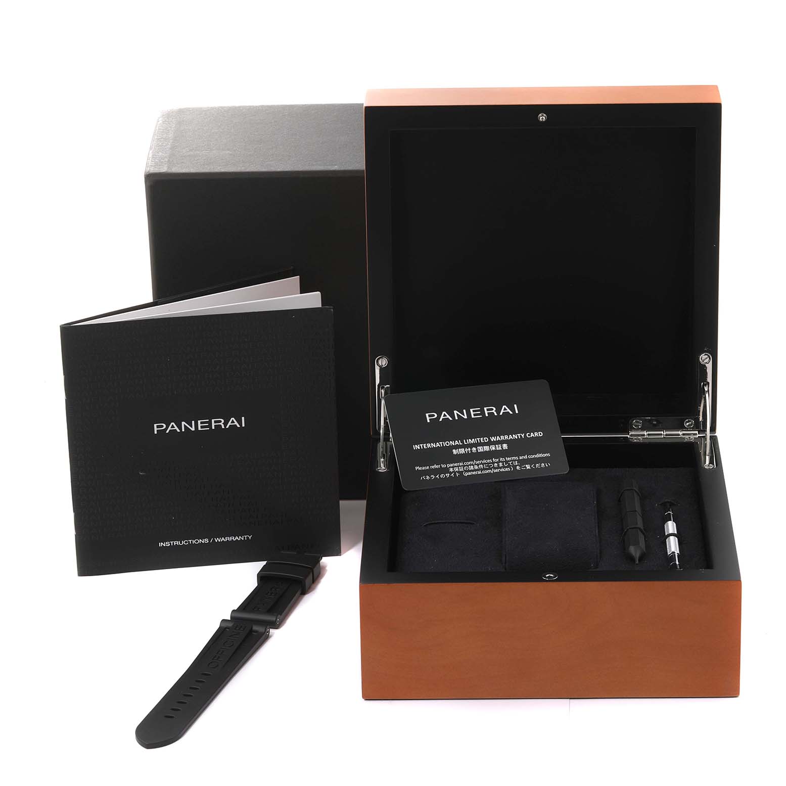 The image shows a Panerai Luminor PAM01109 Men
s Stainless Steel Black Dial PAM01109 Men
s Stainless Steel Black Dial watch box, instruction booklet, warranty card, and additional watch strap and tools.
