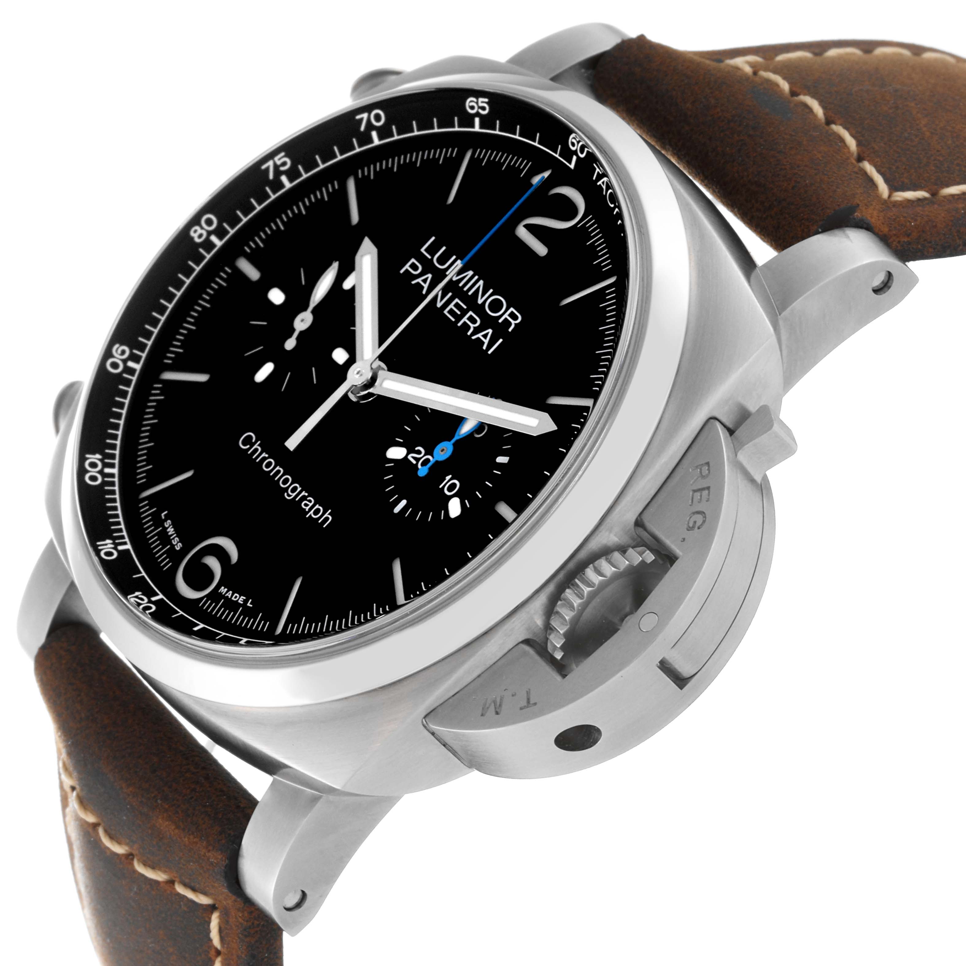 The image shows a close-up of a Panerai Luminor PAM01109 Men
s Stainless Steel Black Dial PAM01109 Men
s Stainless Steel Black Dial watch, featuring its face, crown guard, case, and leather strap.