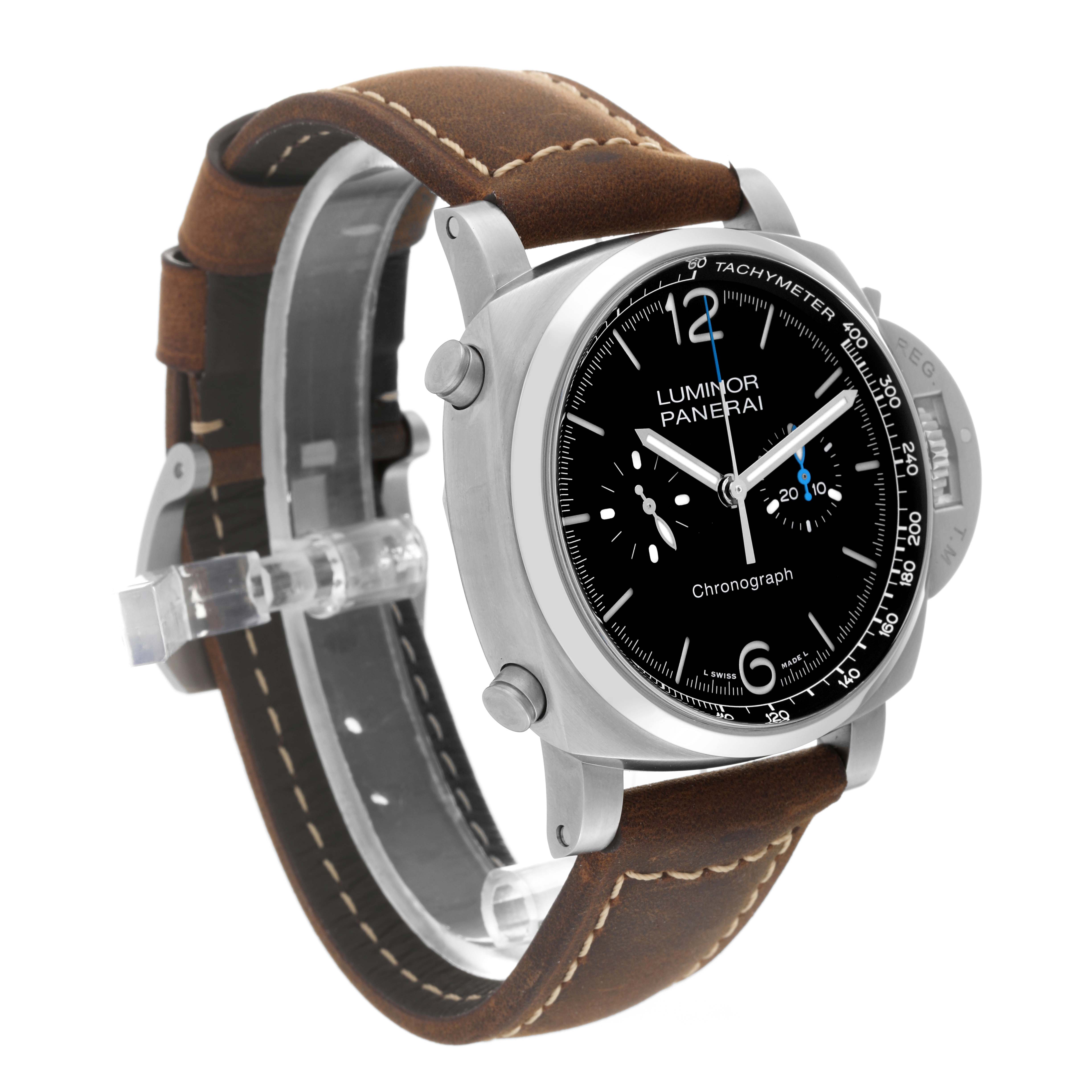 The image shows a side angle view of a Panerai Luminor PAM01109 Men
s Stainless Steel Black Dial PAM01109 Men
s Stainless Steel Black Dial watch, highlighting its face, case, and leather strap.