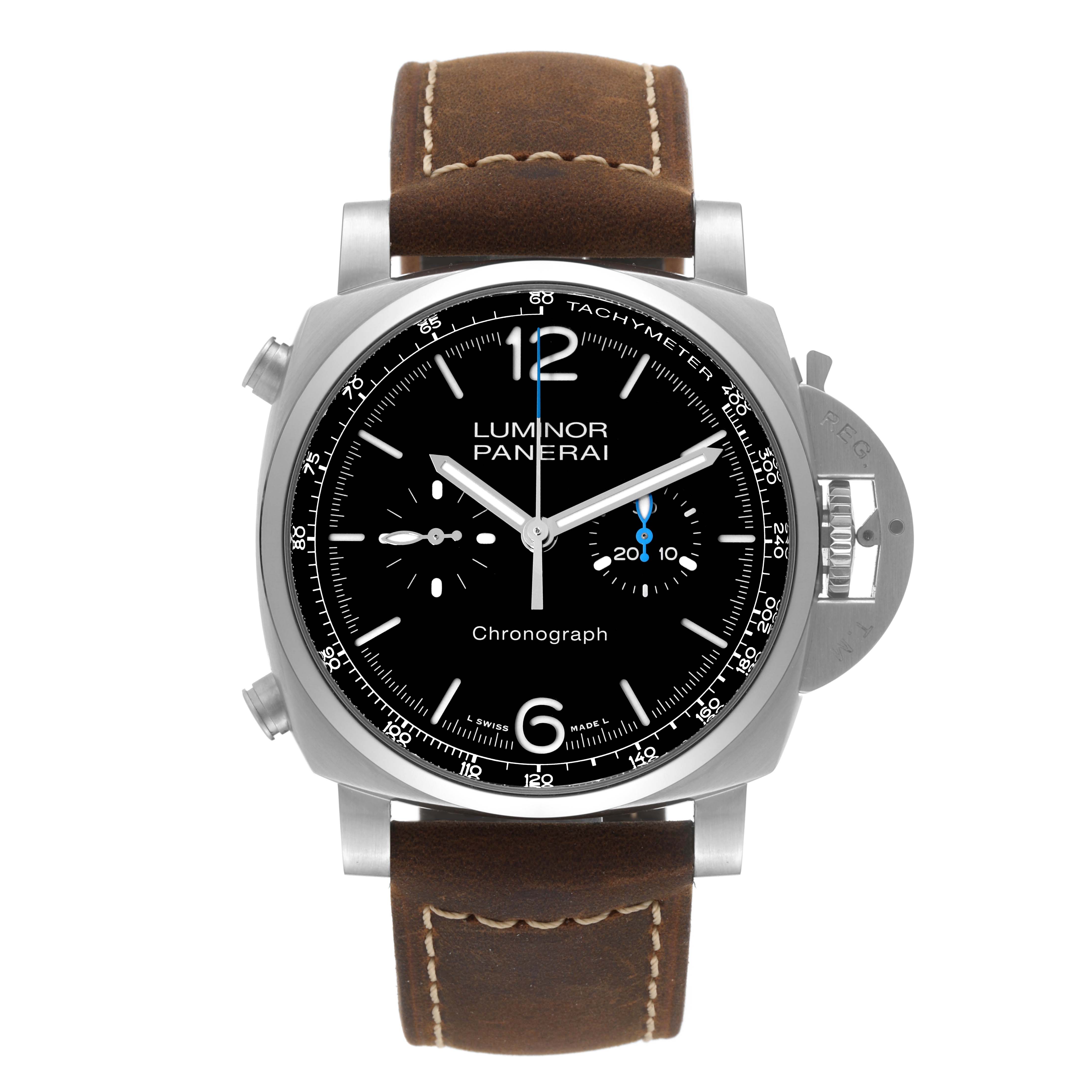 The image shows a front view of a Panerai Luminor PAM01109 Men
s Stainless Steel Black Dial PAM01109 Men
s Stainless Steel Black Dial chronograph watch with a brown leather strap and a black dial.