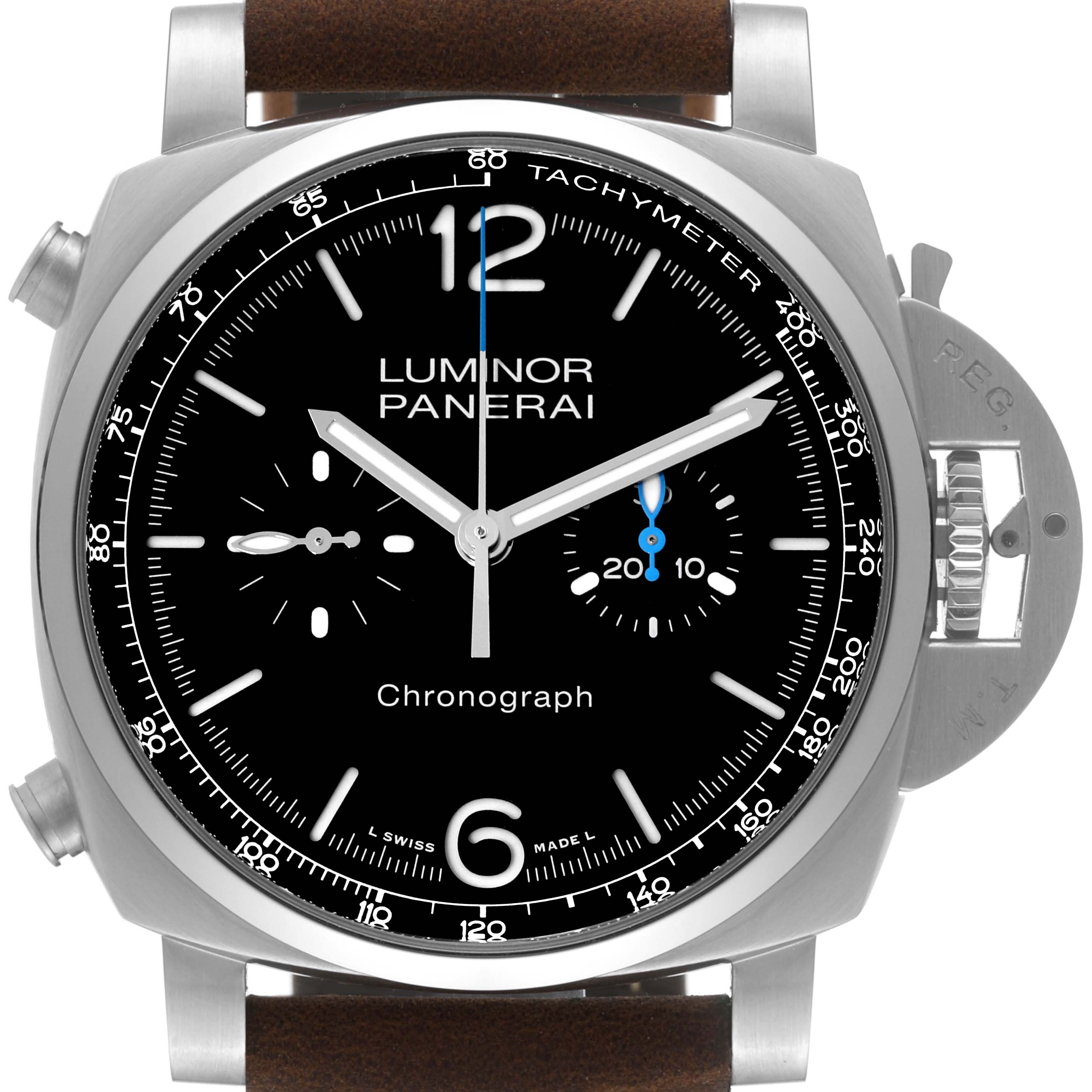 The image shows a front view of the Panerai Luminor PAM01109 Men
s Stainless Steel Black Dial PAM01109 Men
s Stainless Steel Black Dial watch, highlighting its dial, case, crown guard, and tachymeter.