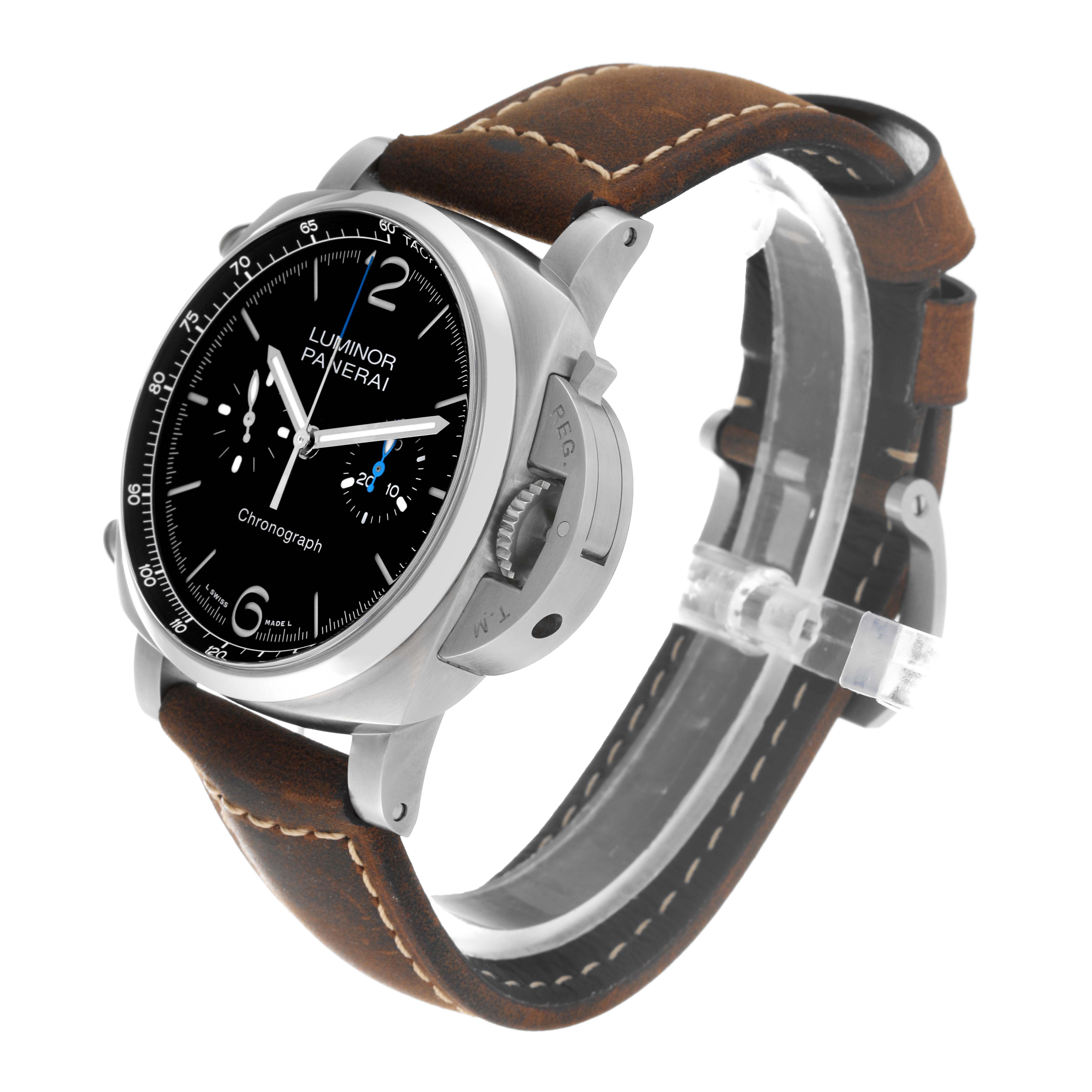 This image shows a Panerai Luminor PAM01109 Men
s Stainless Steel Black Dial PAM01109 Men
s Stainless Steel Black Dial watch at a slight side angle, highlighting its case, dial, crown guard, and leather strap.