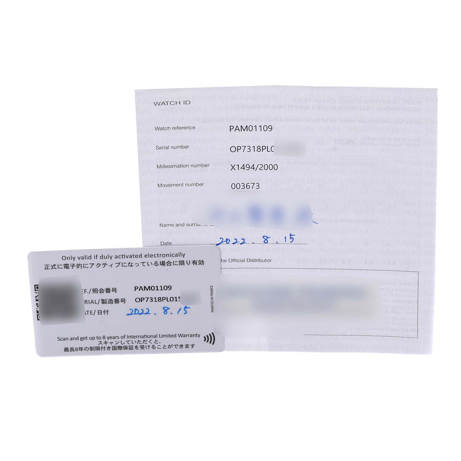 The image shows warranty documents and Best Quality
ity cards for a Panerai Luminor PAM01109 Men
s Stainless Steel Black Dial PAM01109 Men
s Stainless Steel Black Dial model PAM01109 watch.