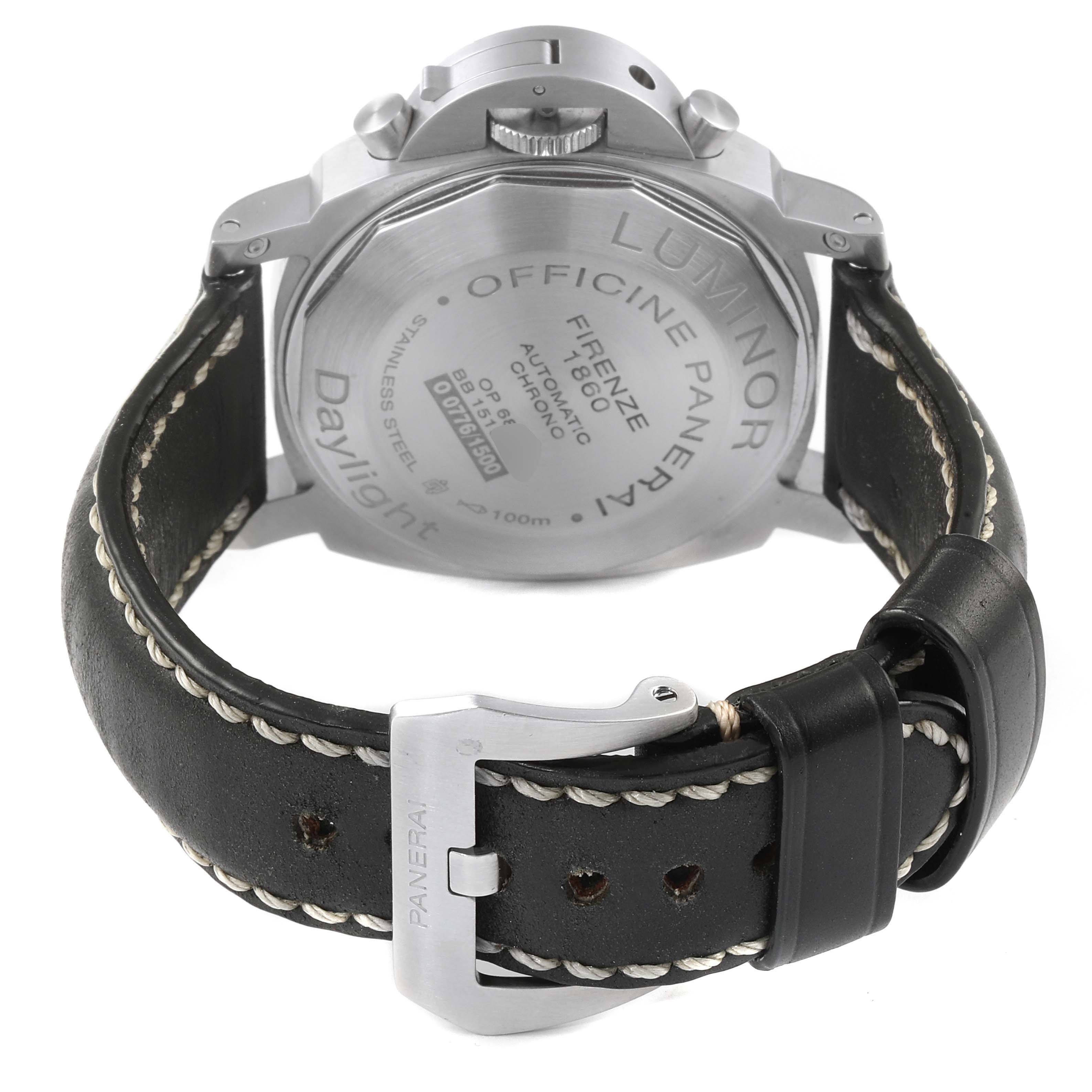 This image shows the back of the Panerai Luminor PAM00356 Men's Stainless Steel Black Dial PAM00356 Men's Stainless Steel Black Dial watch, highlighting the case back, crown, and leather strap with a buckle.