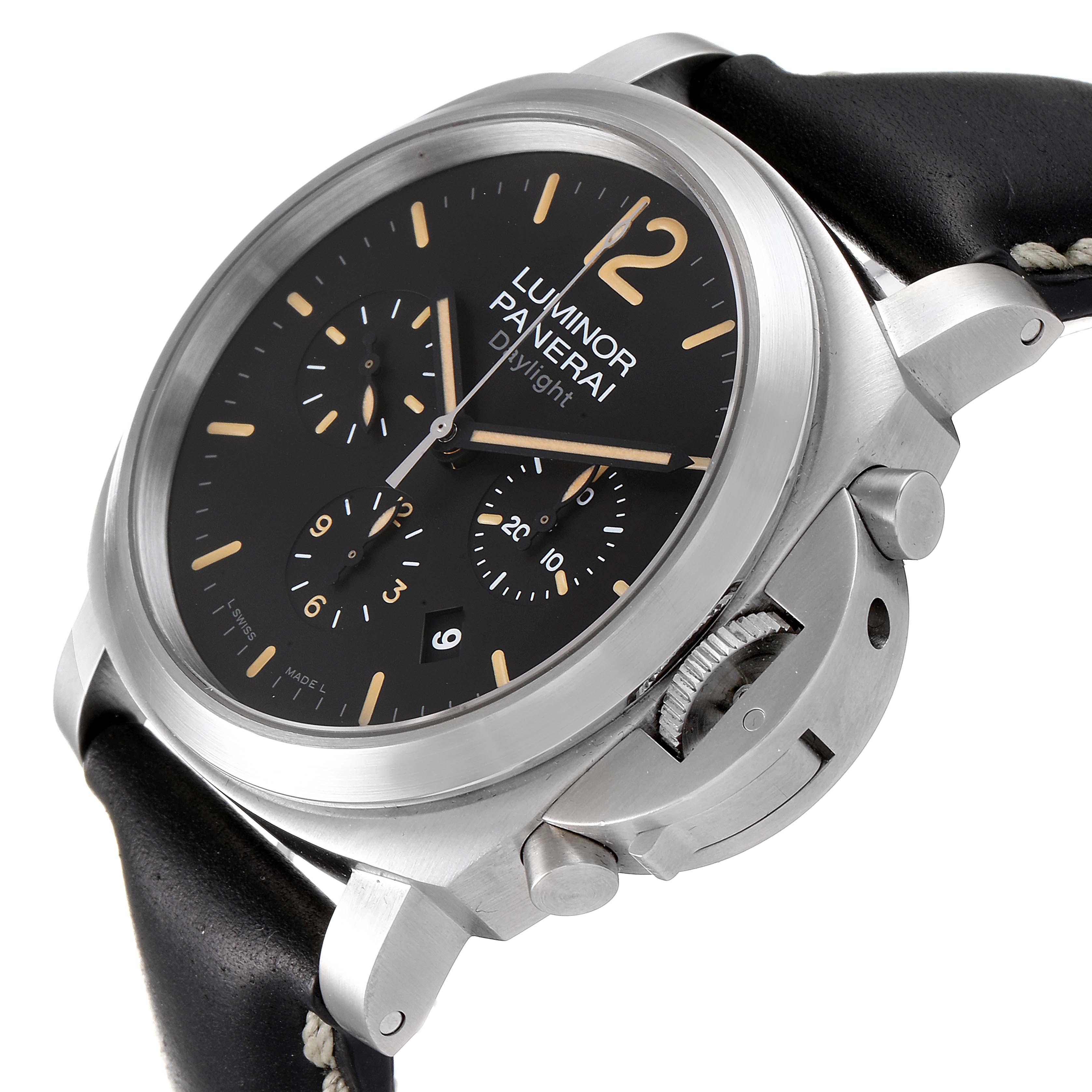 The image shows a close-up angle of the Luminor Panerai watch, highlighting its black dial, crown guard, and chronograph sub-dials.